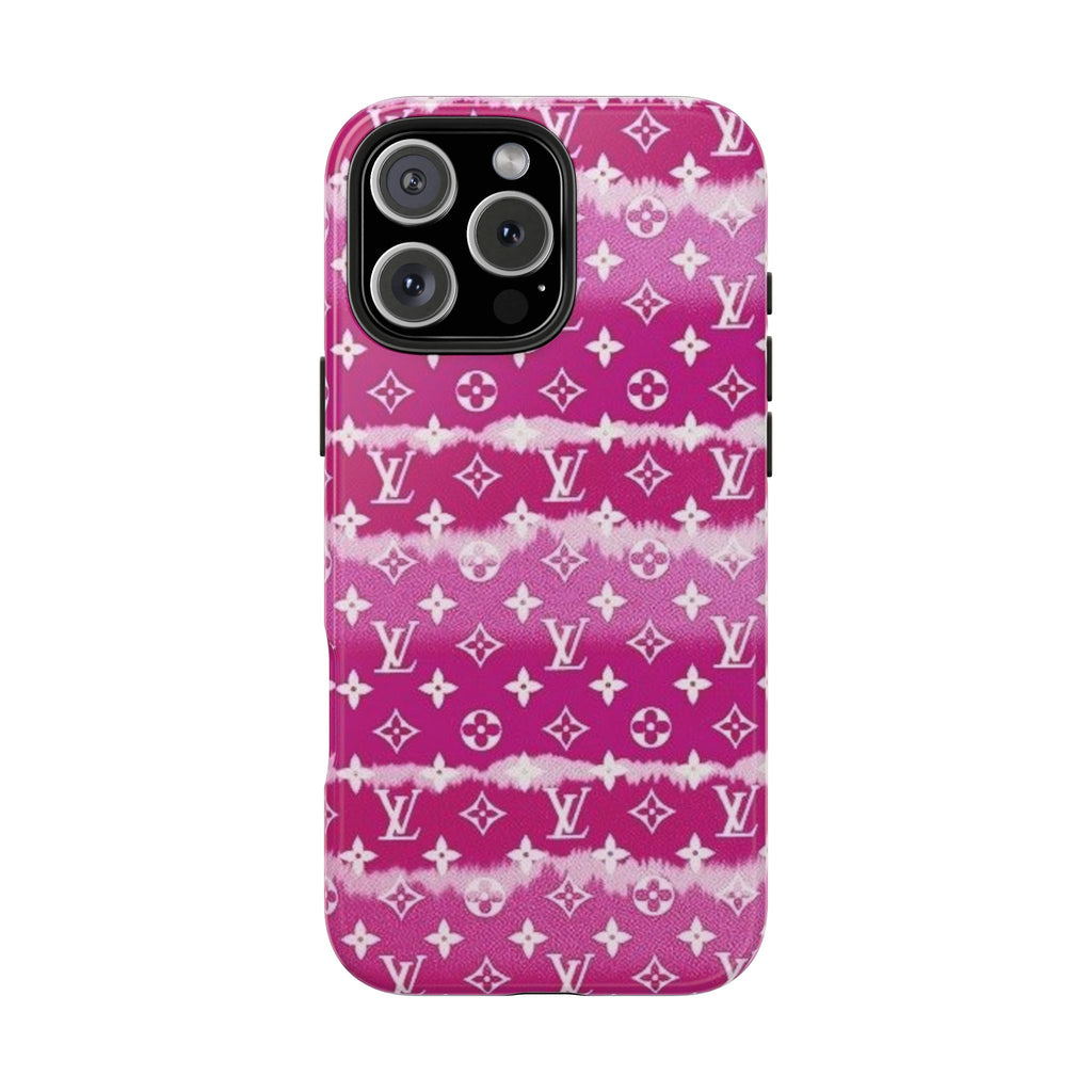 Magenta pink tie-dye LV phone case with camera cutouts and side openings