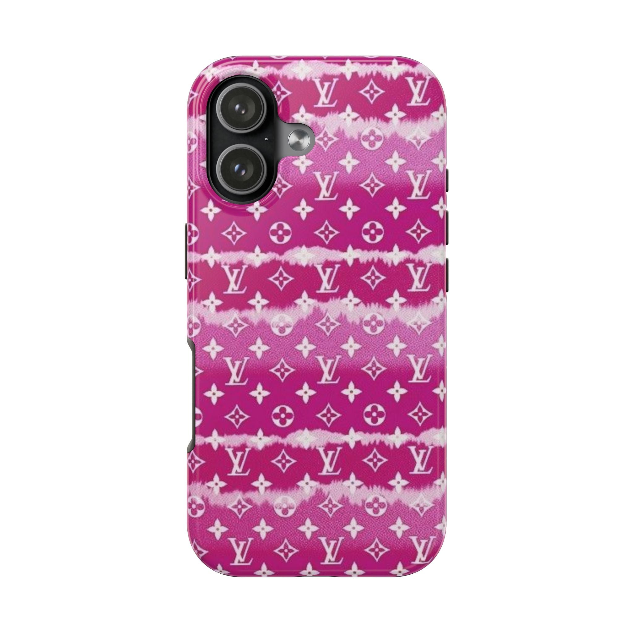 Magenta pink tie-dye LV phone case with camera cutouts and glossy finish