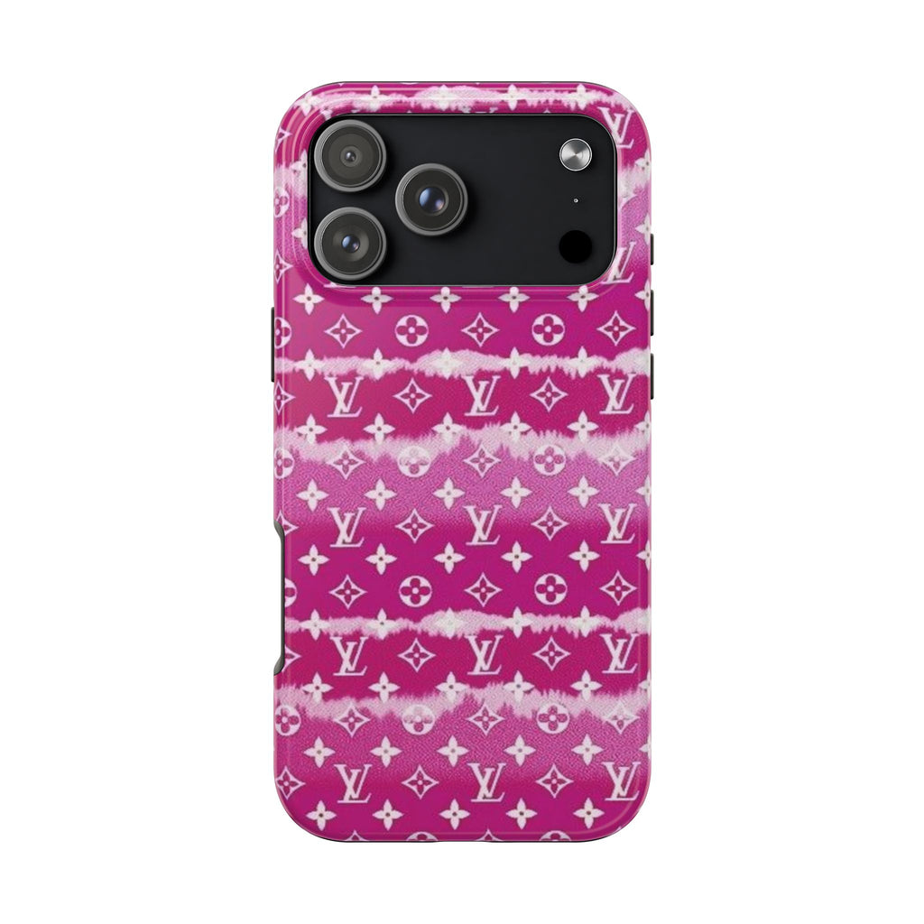 Magenta pink tie-dye LV phone case with camera cutouts and raised edges