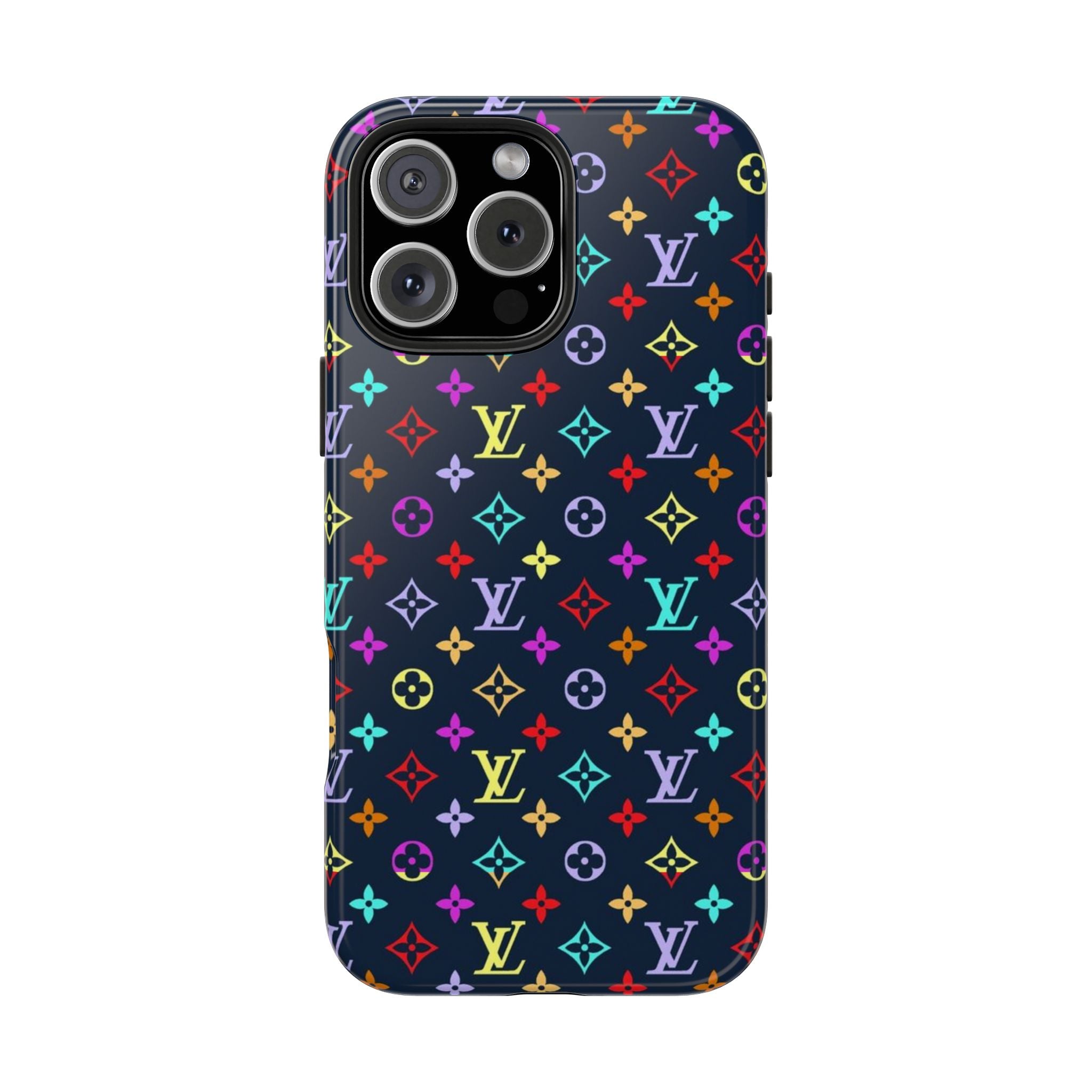 Navy blue phone case with multicolor LV monogram pattern and raised camera cover