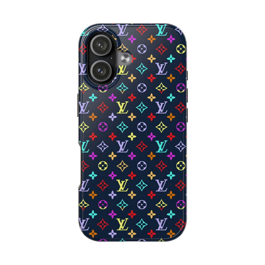 Navy blue phone case with multicolor LV monogram pattern and rounded edges