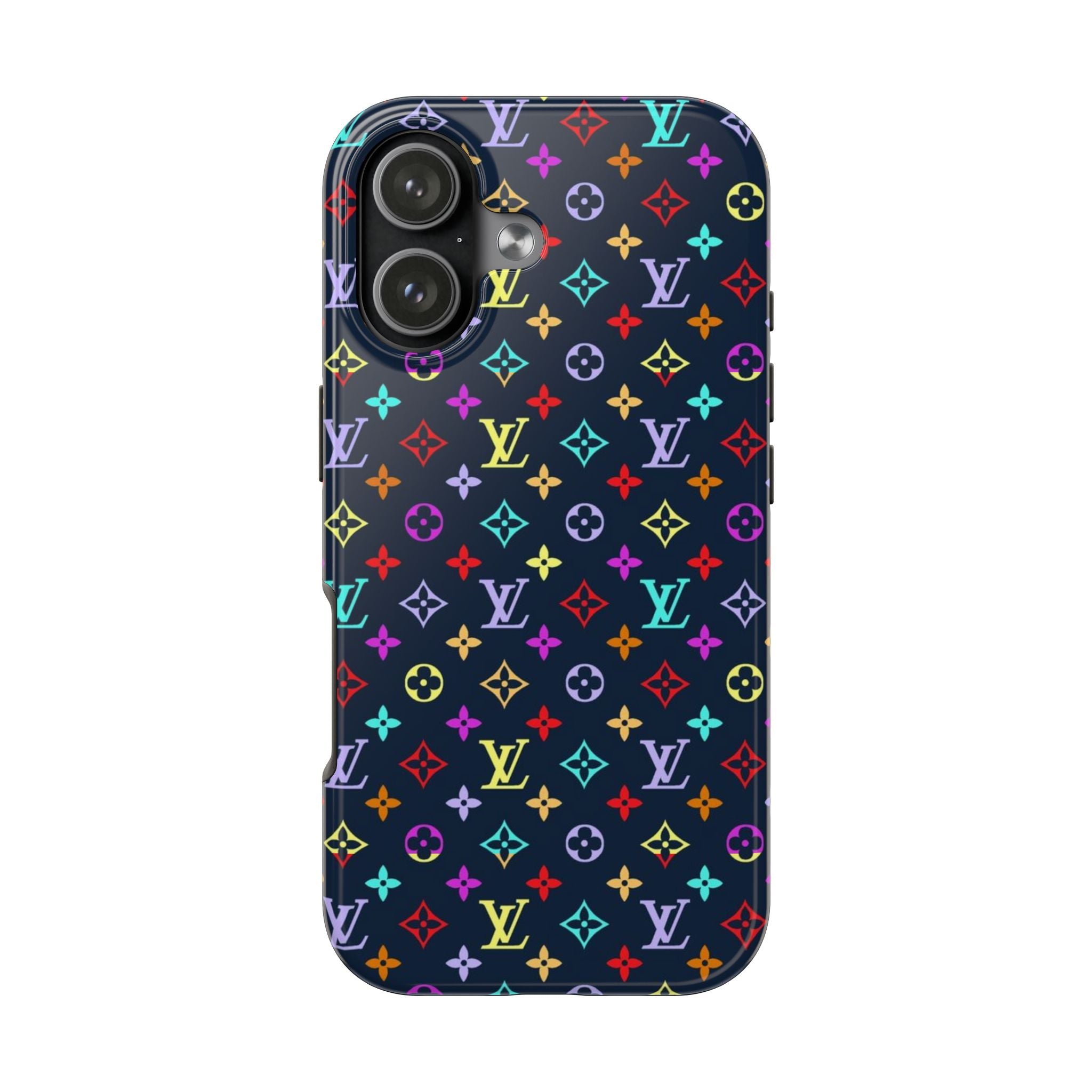 Navy blue phone case with multicolor LV monogram pattern and rounded edges