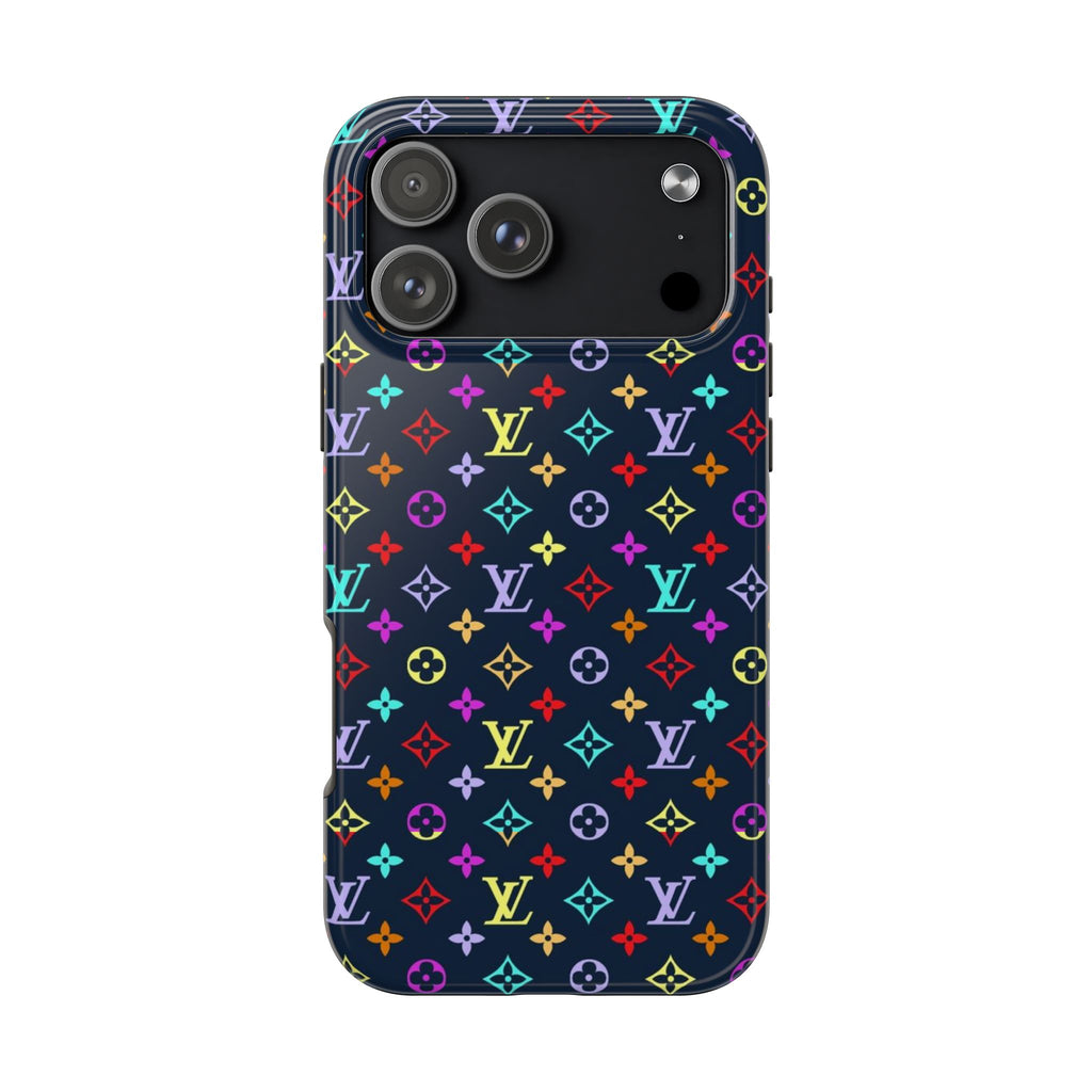 Navy blue phone case with multicolor LV monogram pattern and camera cutouts