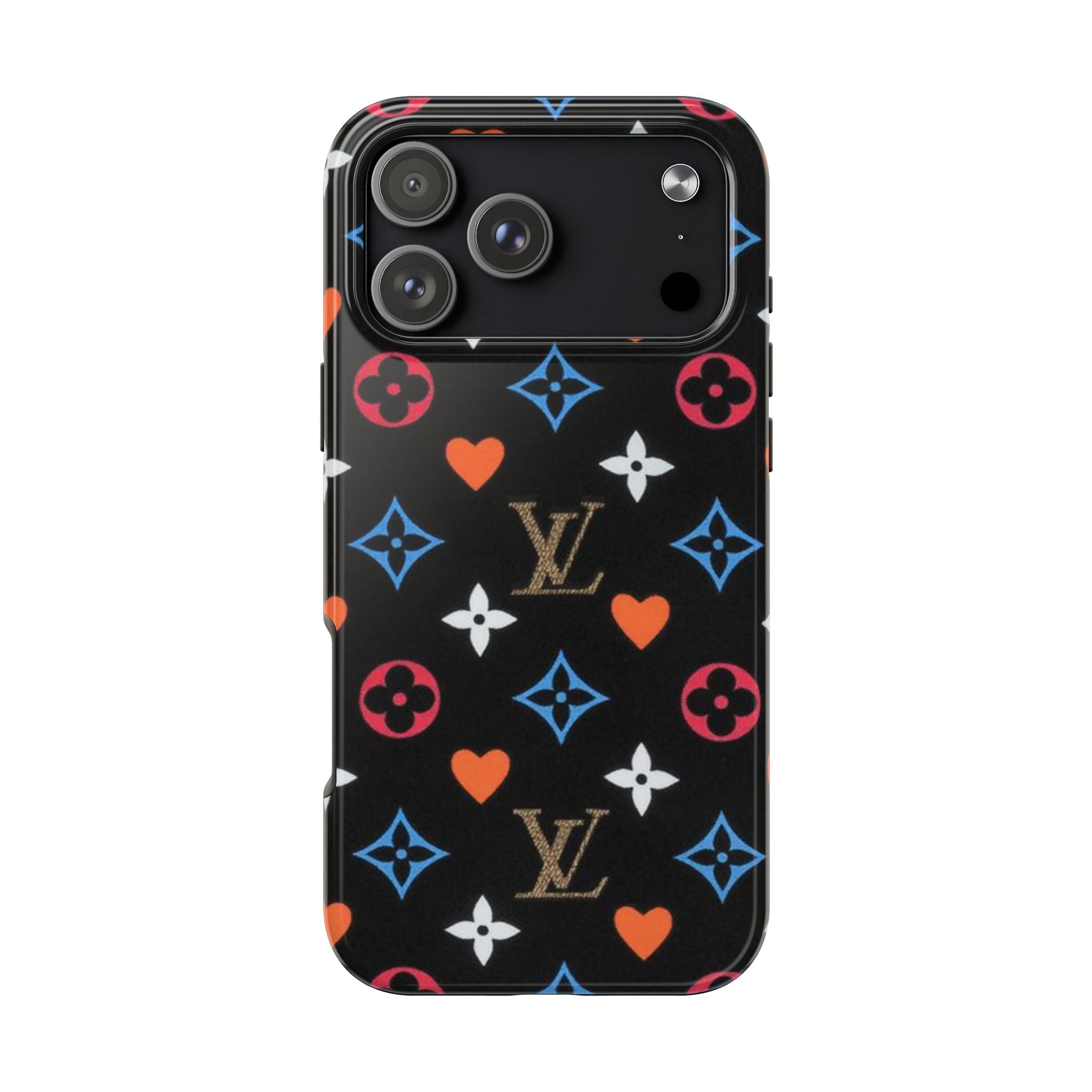 Black phone case with LV hearts monogram pattern, colorful hearts and flowers