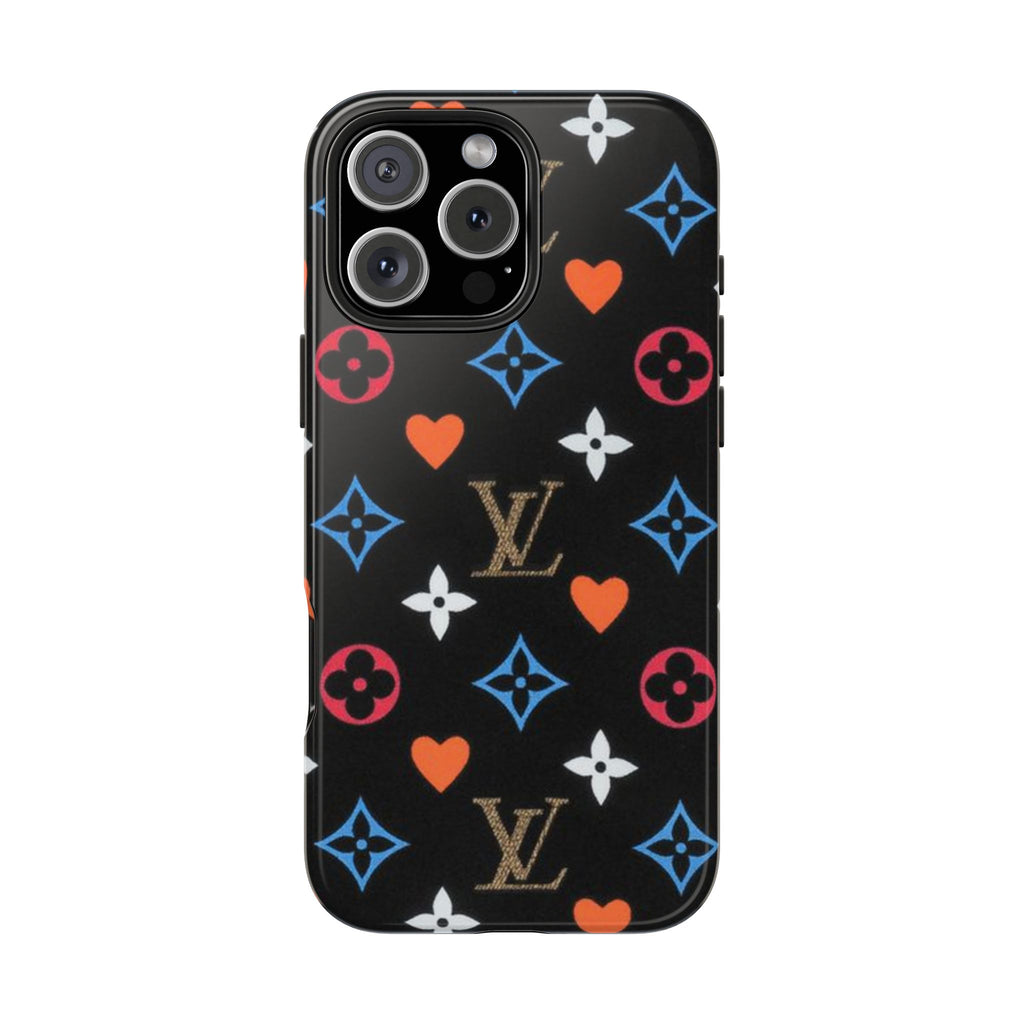 Black phone case with LV hearts monogram pattern, blue diamonds and orange hearts