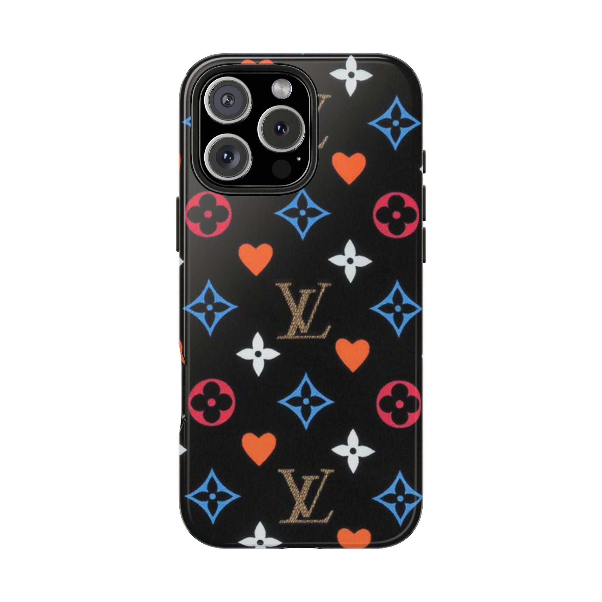 Black phone case with LV hearts monogram pattern, blue diamonds and orange hearts