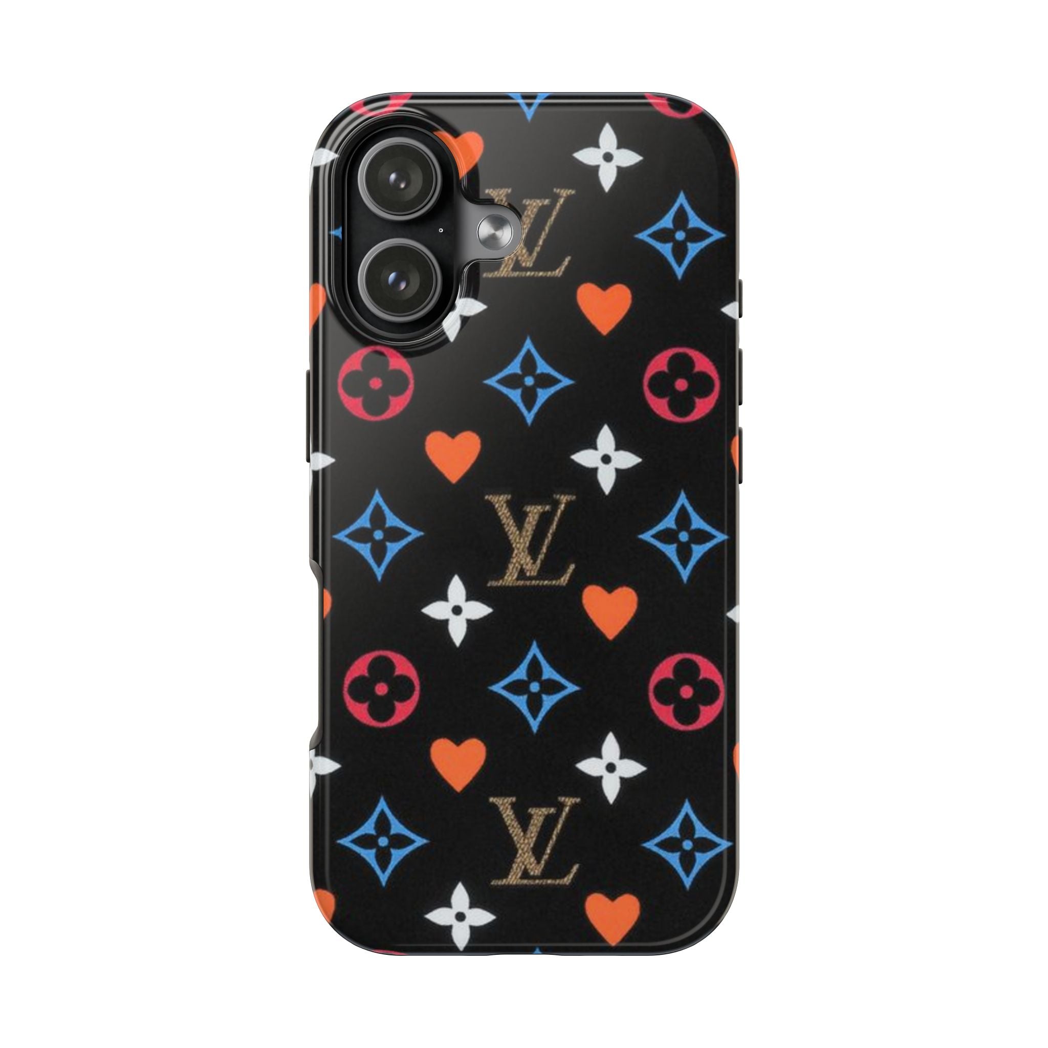 Black phone case with LV hearts monogram pattern and gold LV logo accents