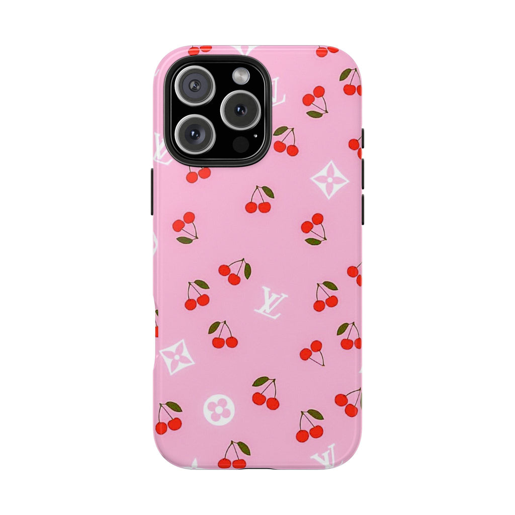 Pink phone case with cherries and small LV monograms, front camera cutouts visible
