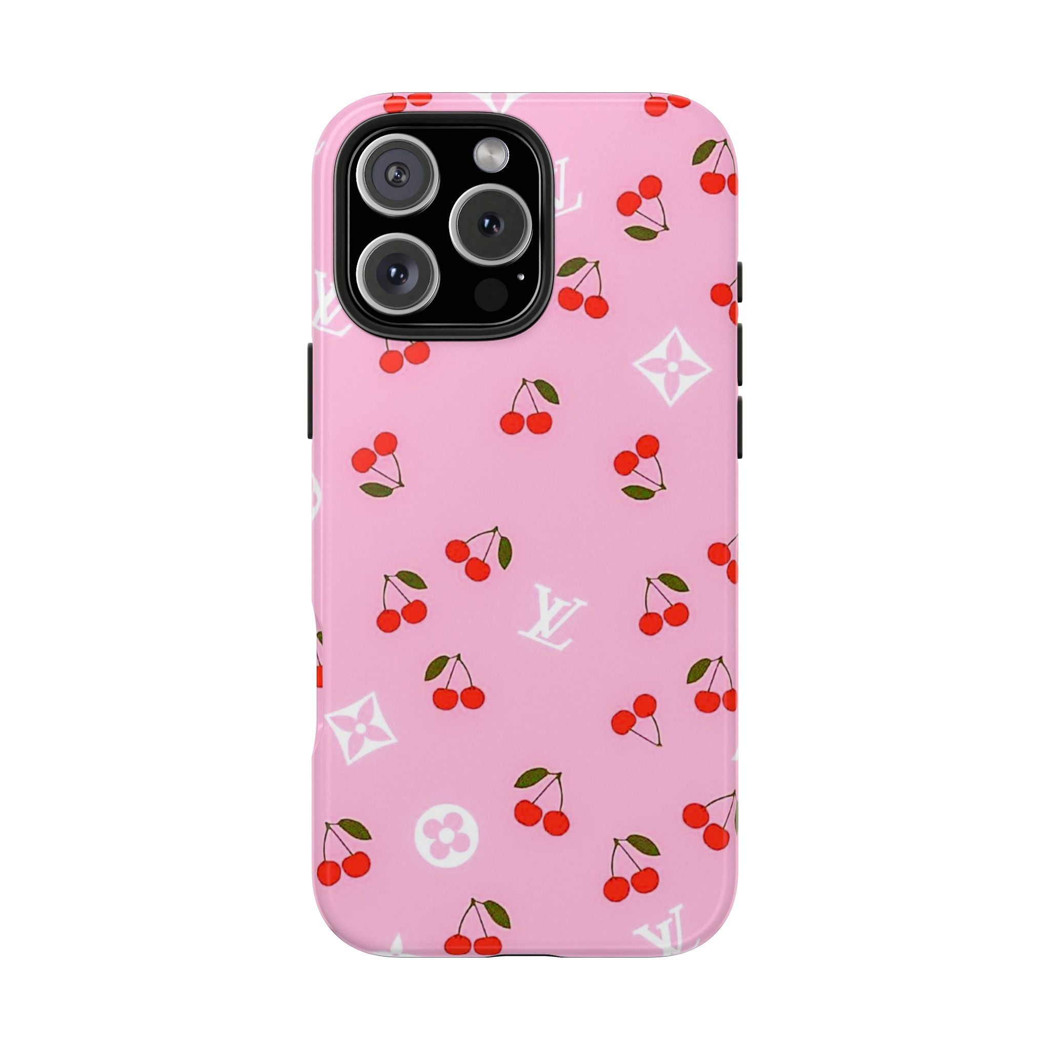 Pink phone case with cherries and small LV monograms, front camera cutouts visible
