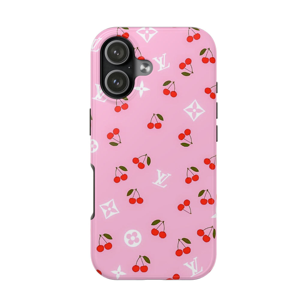 Pink phone case with cherries and LV-style monogram print, with camera lens cutout