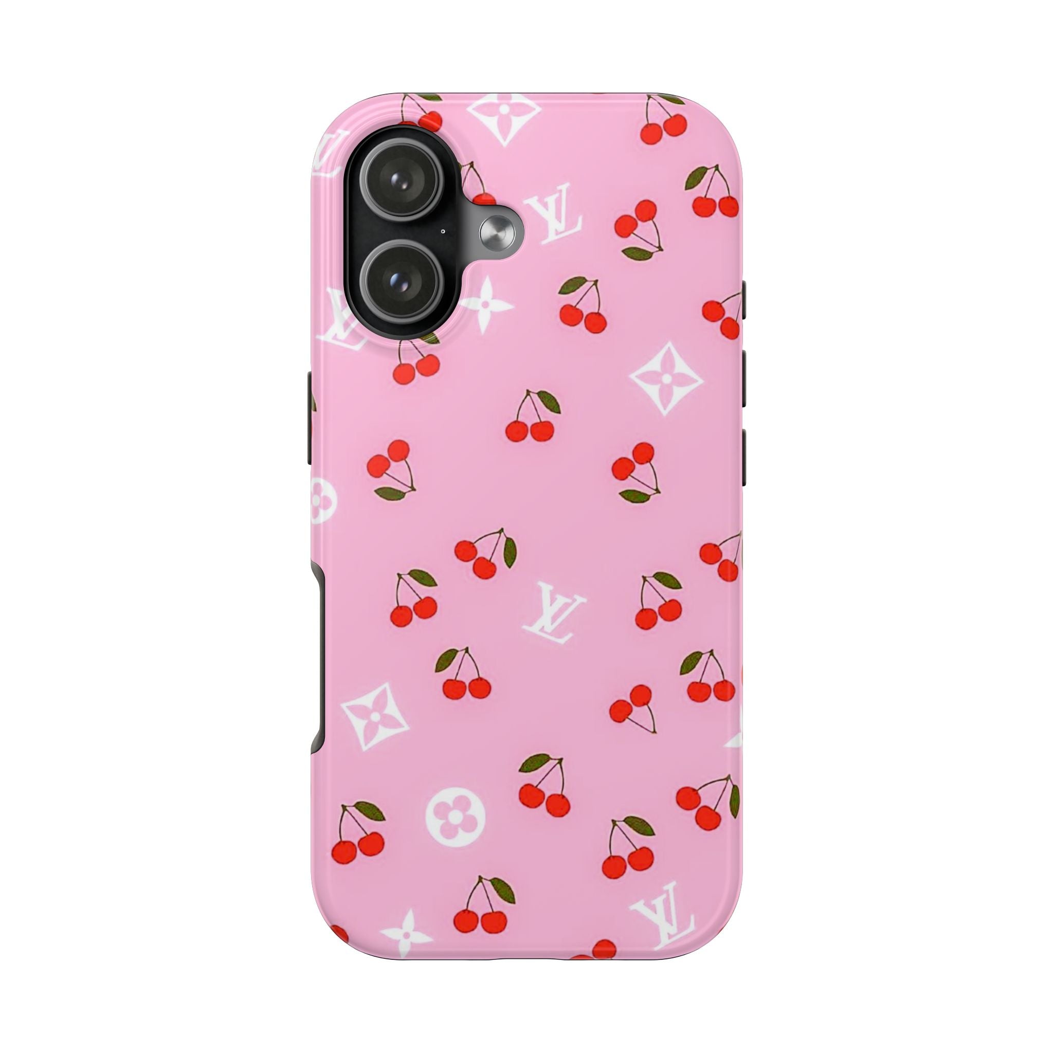 Pink phone case with cherries and LV-style monogram print, with camera lens cutout