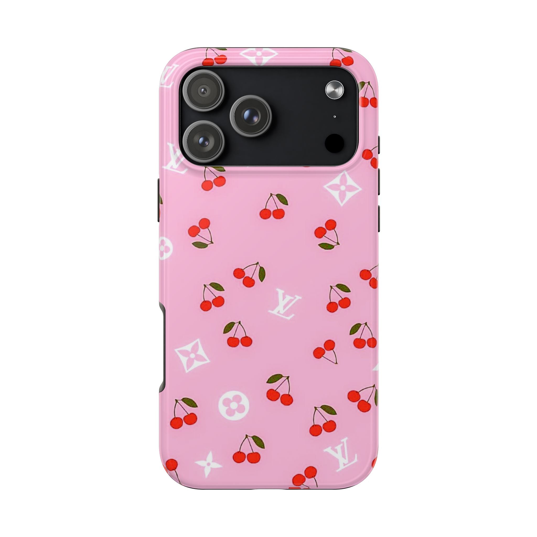 Pink phone case with cherries pattern and LV branding, back camera module cutout