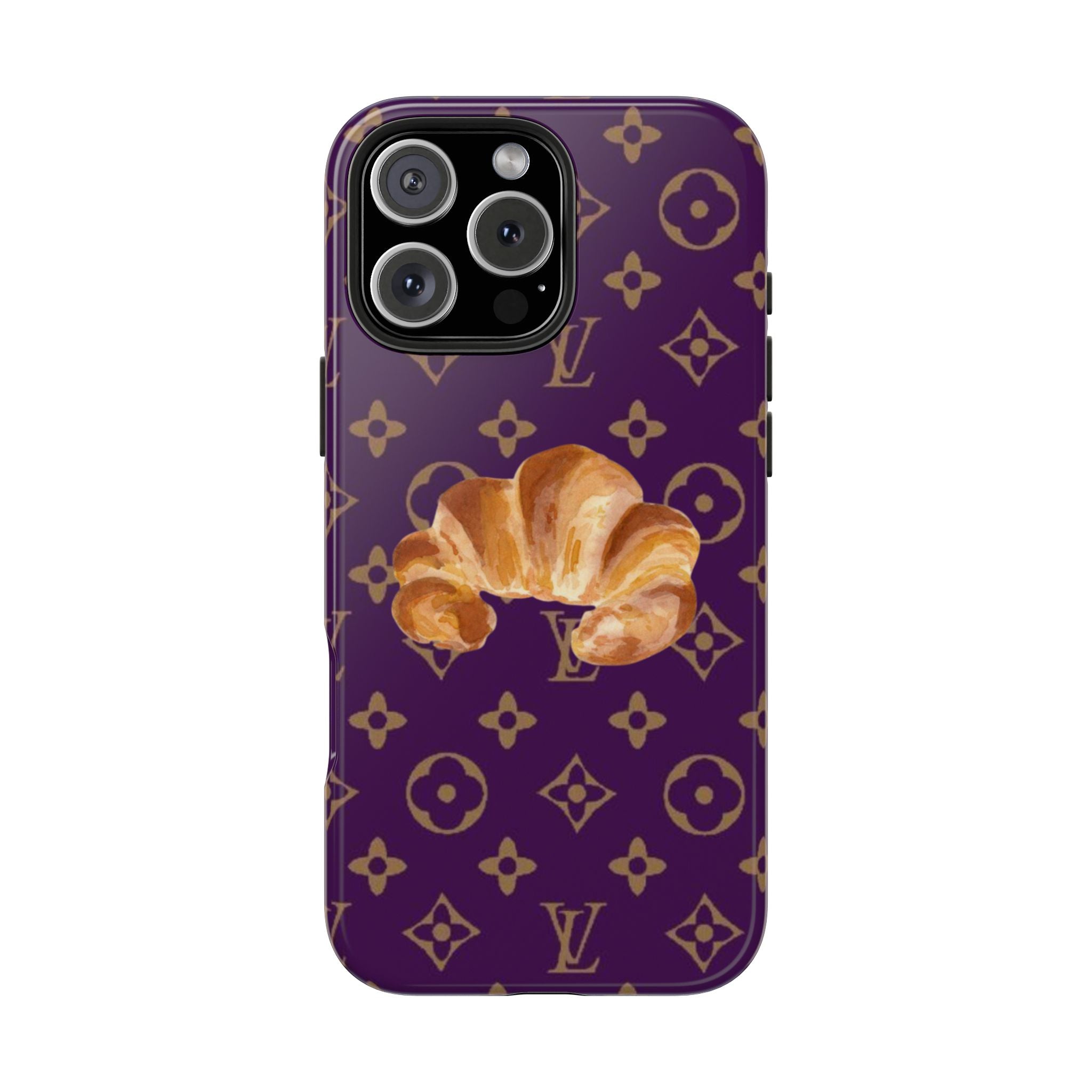 Mauve LV croissant phone case with gold monogram pattern and croissant graphic