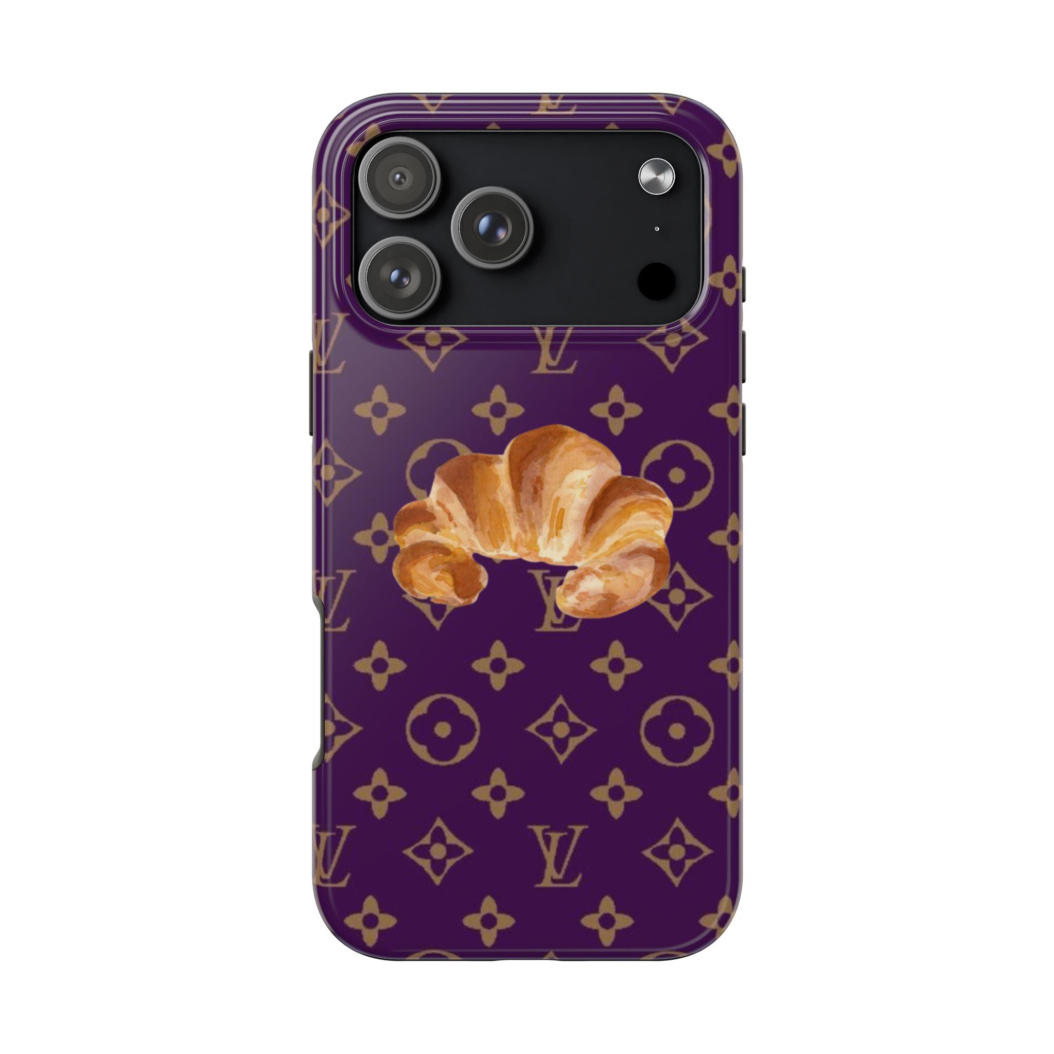 Mauve LV croissant phone case, gold monogram pattern, croissant graphic, camera cutouts