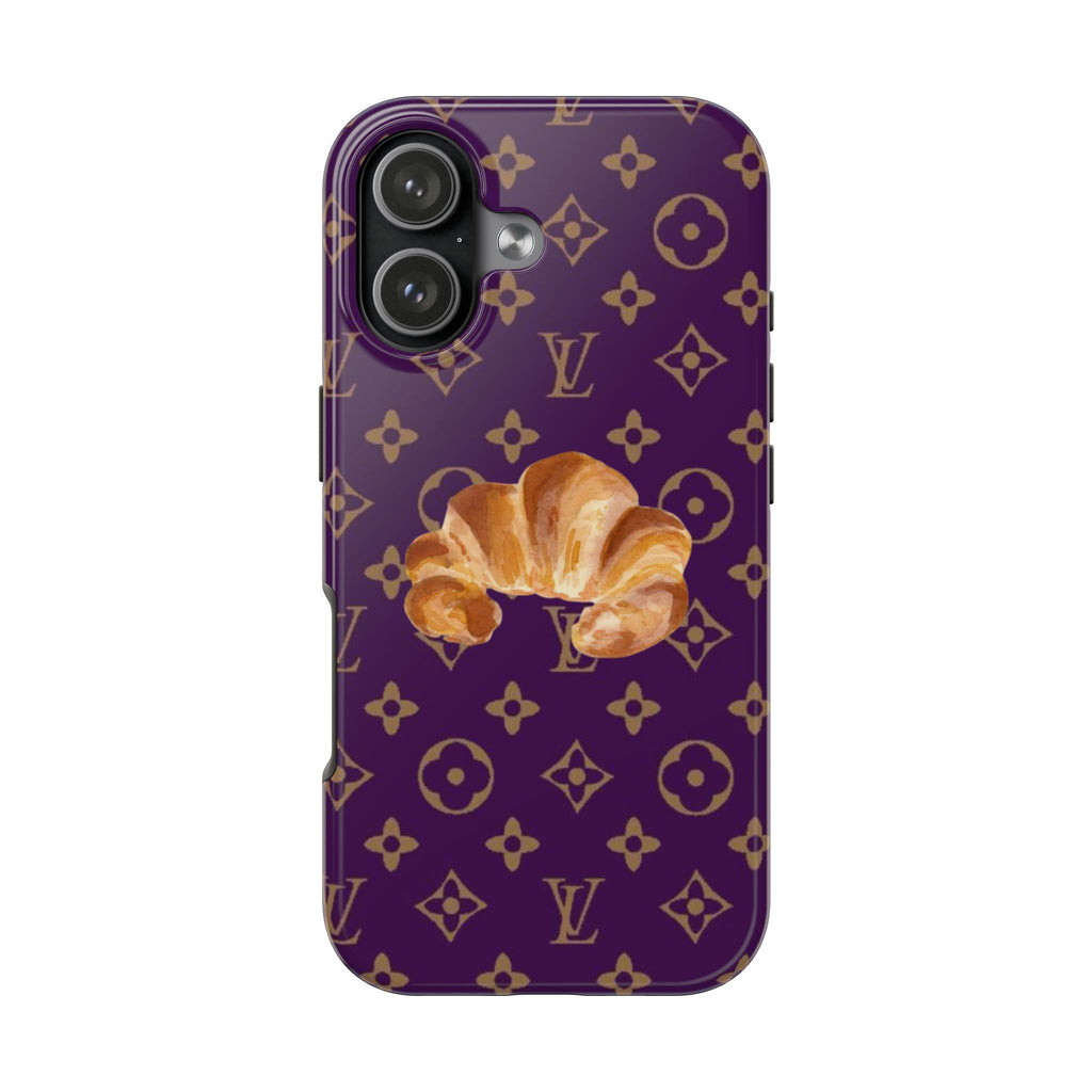 Mauve LV croissant phone case with gold monogram pattern and centered croissant graphic