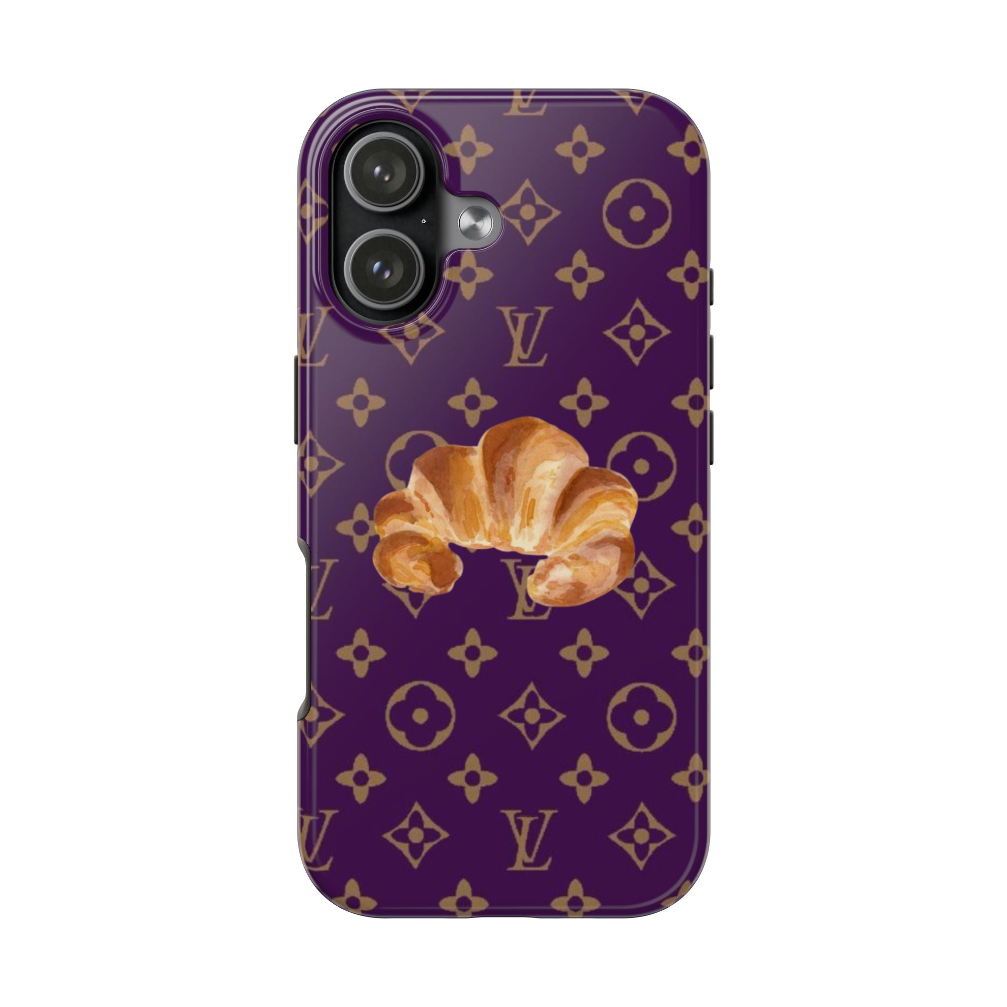 Mauve LV croissant phone case with gold monogram pattern and centered croissant graphic