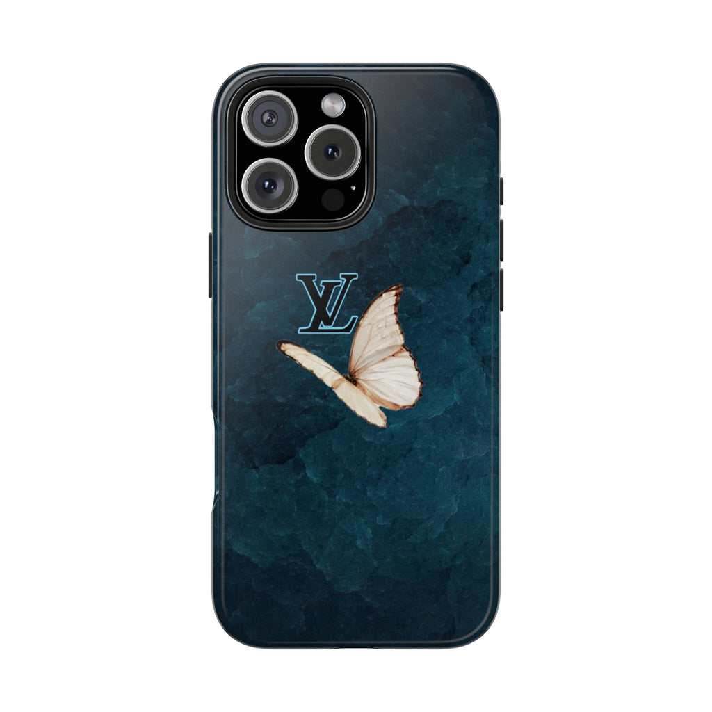 Teal phone case with white butterfly and LV monogram on back