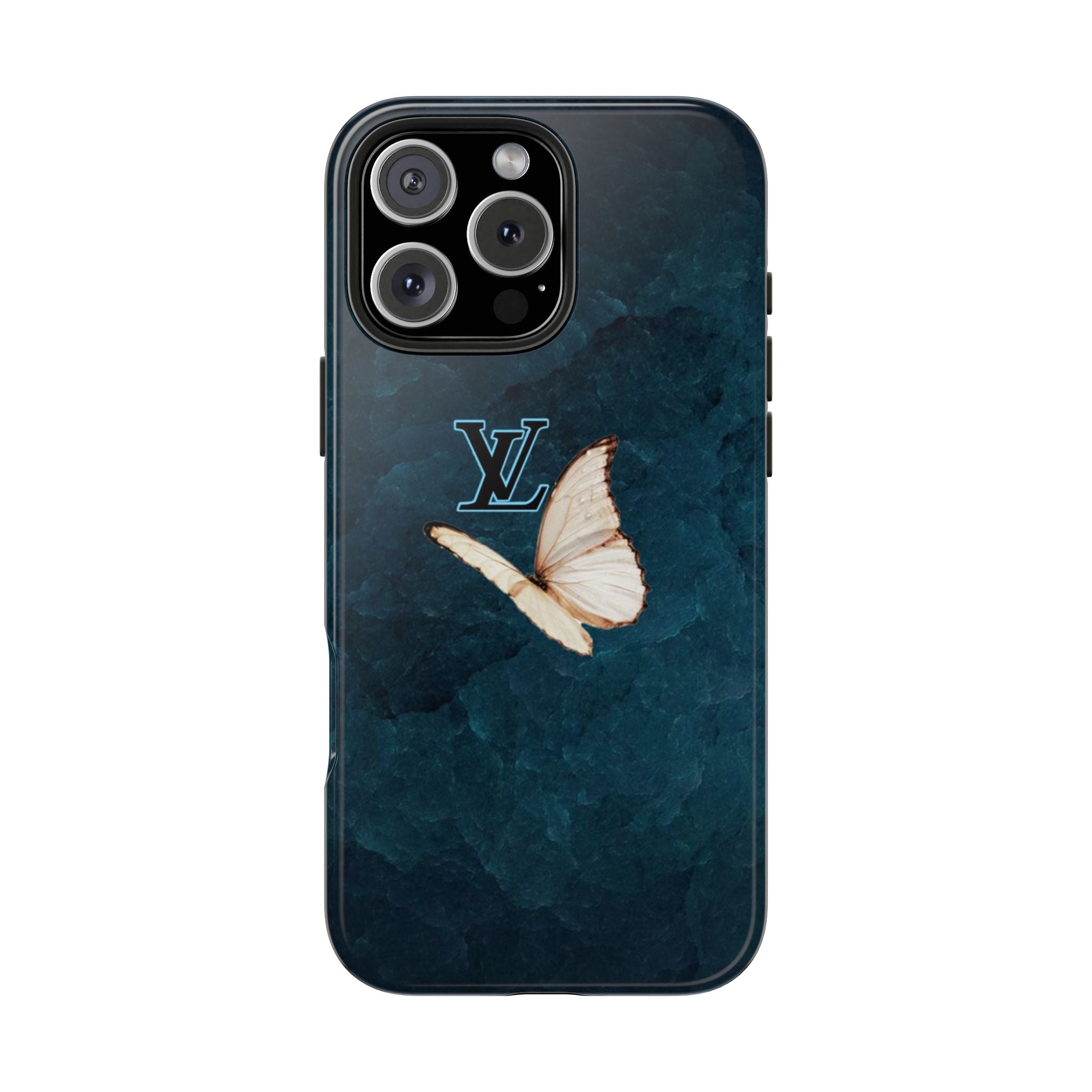 Teal phone case with white butterfly and LV monogram on back