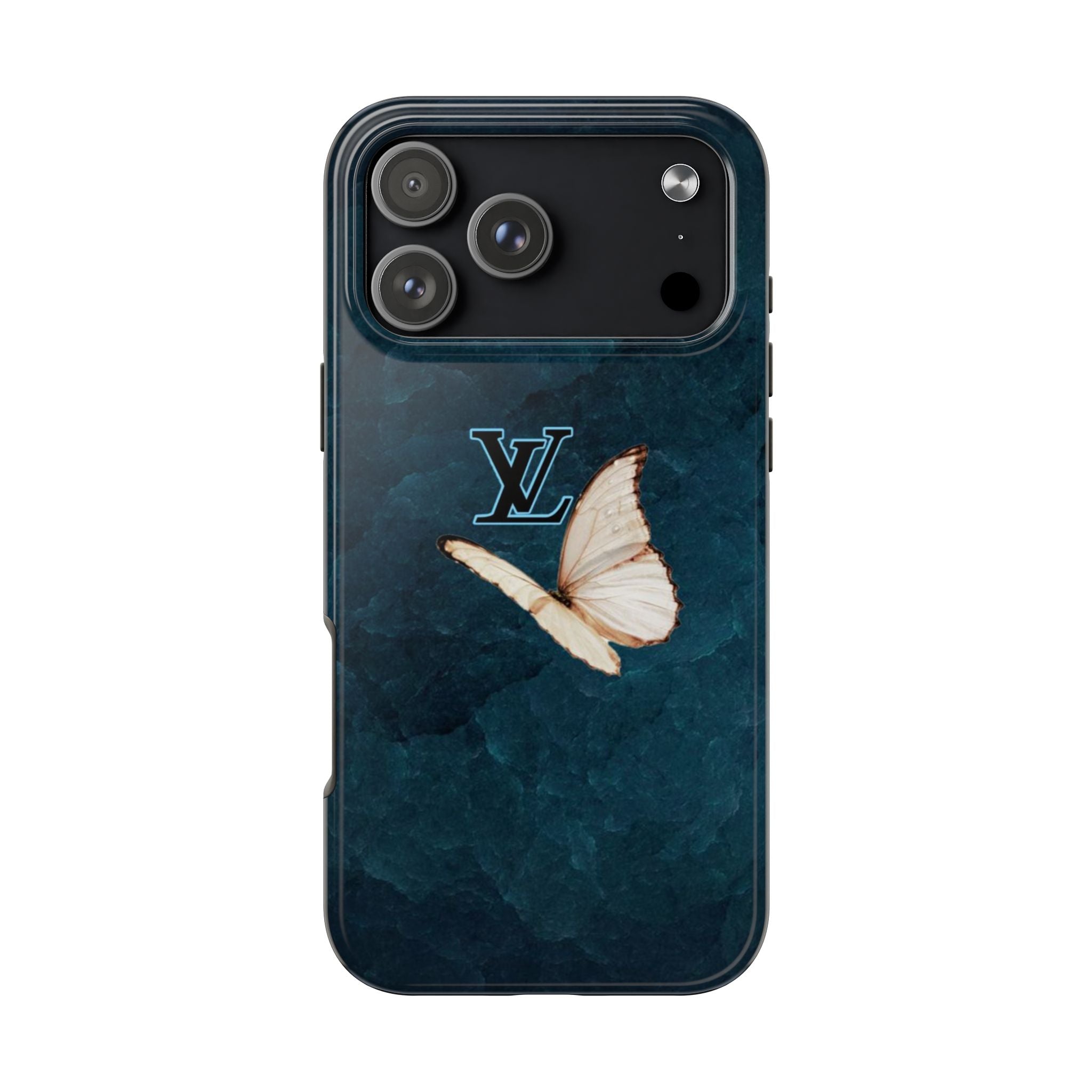 Dark teal phone case with white butterfly and LV monogram, camera cutouts visible