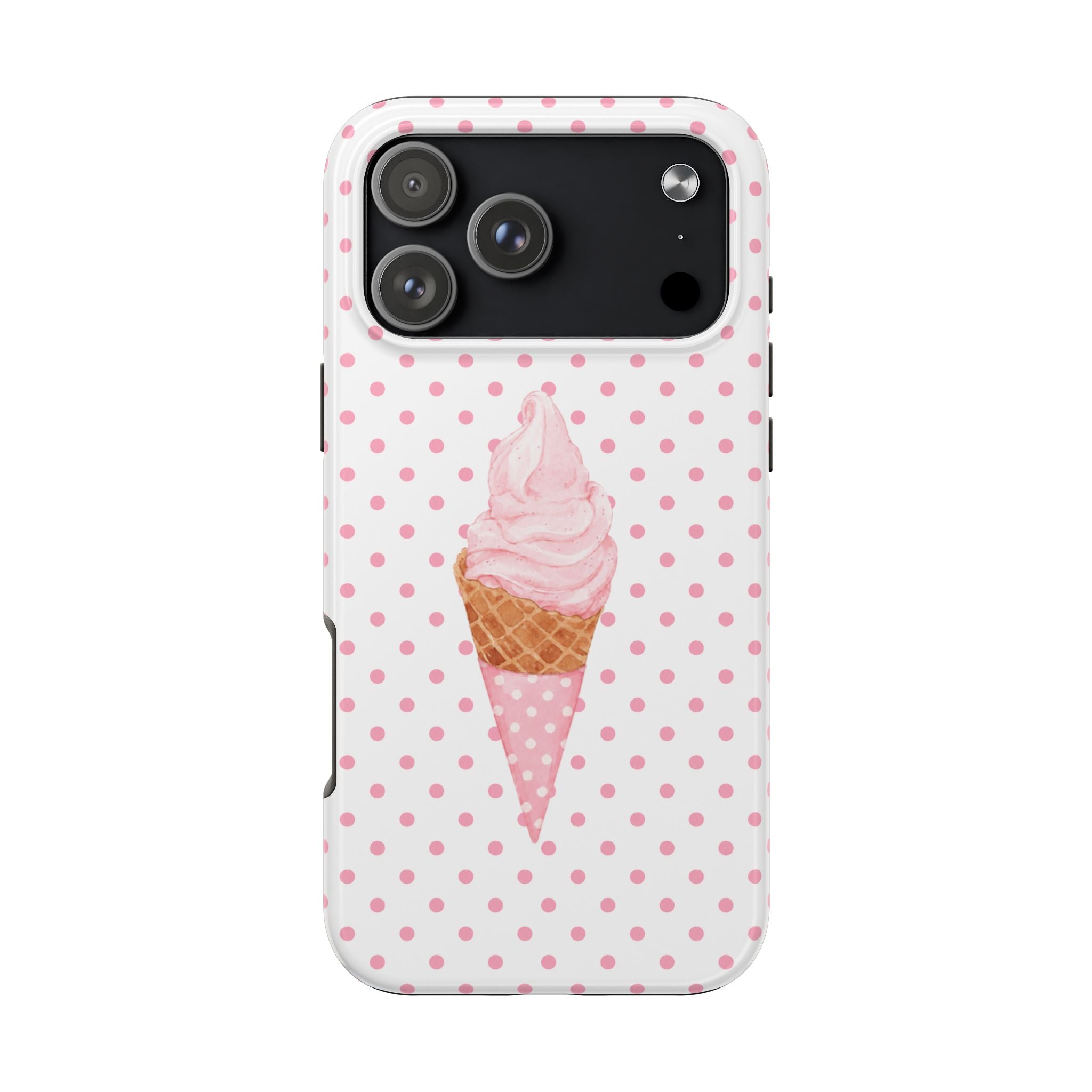 Phone case with pink polka dots and ice cream graphic, rear camera cutouts