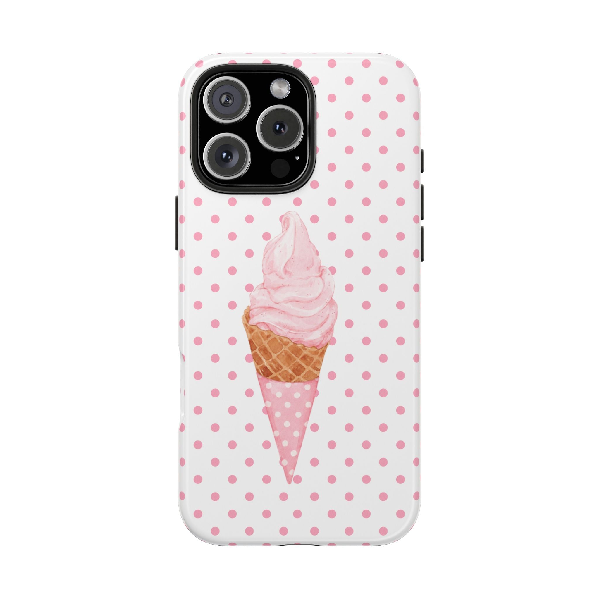 Phone case with pink polka dots and ice cream graphic, rear camera cutouts