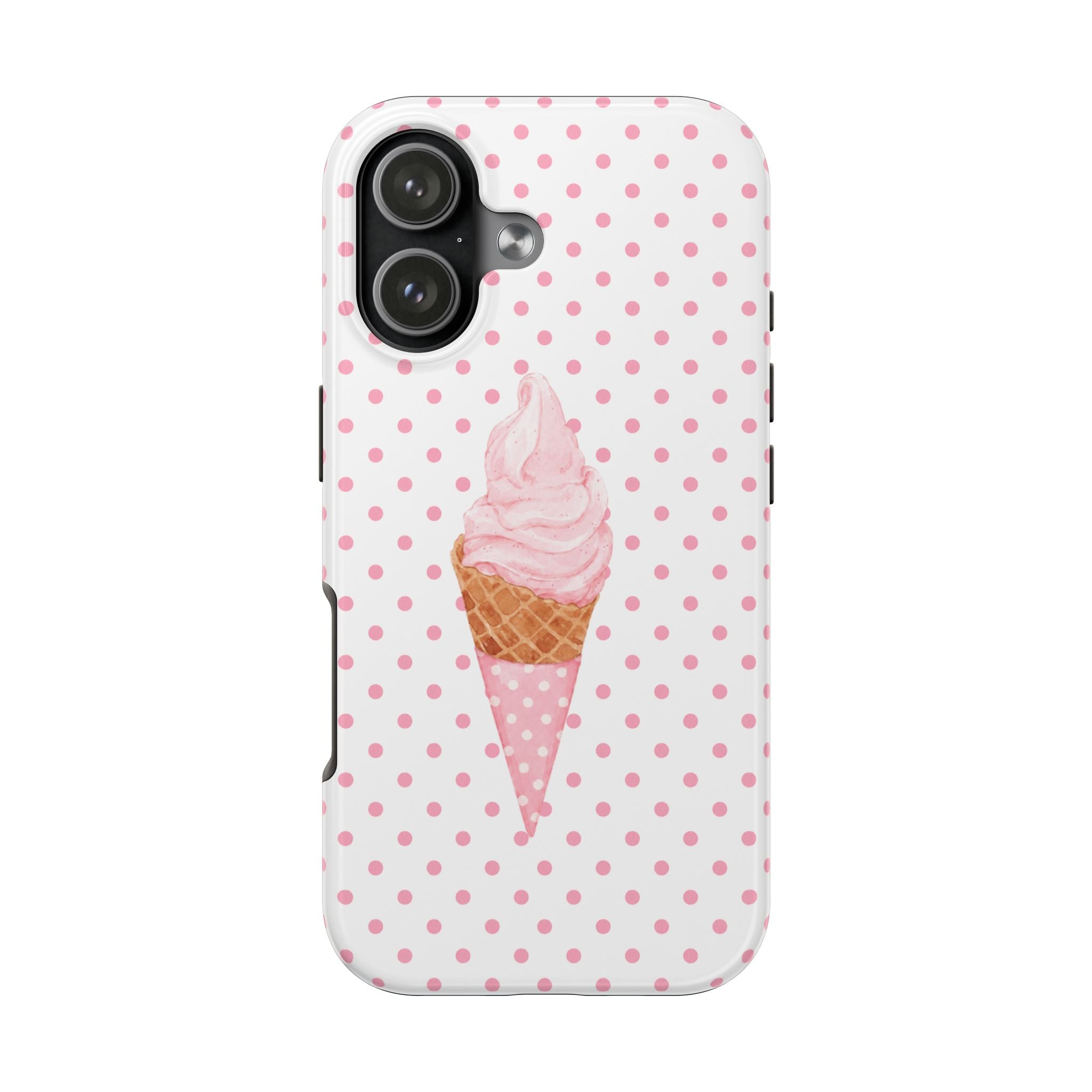 Phone case with pink polka dots and ice cream graphic, white back