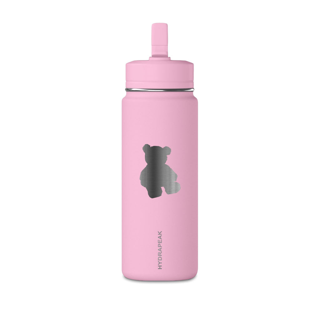 Pink stainless steel water bottle with teddy bear graphic and flip-top lid