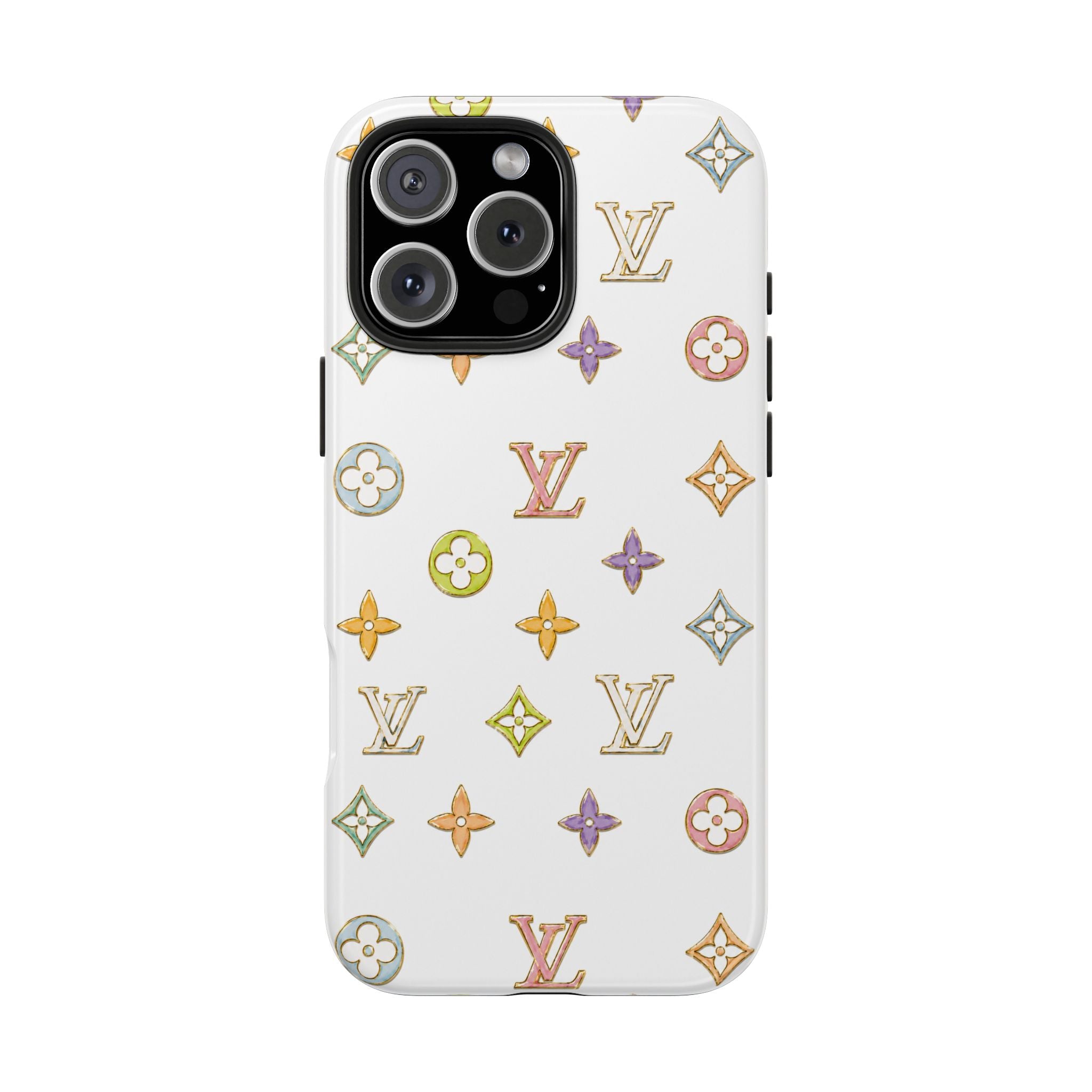 Phone case with multicolored LV-style icons on a white back