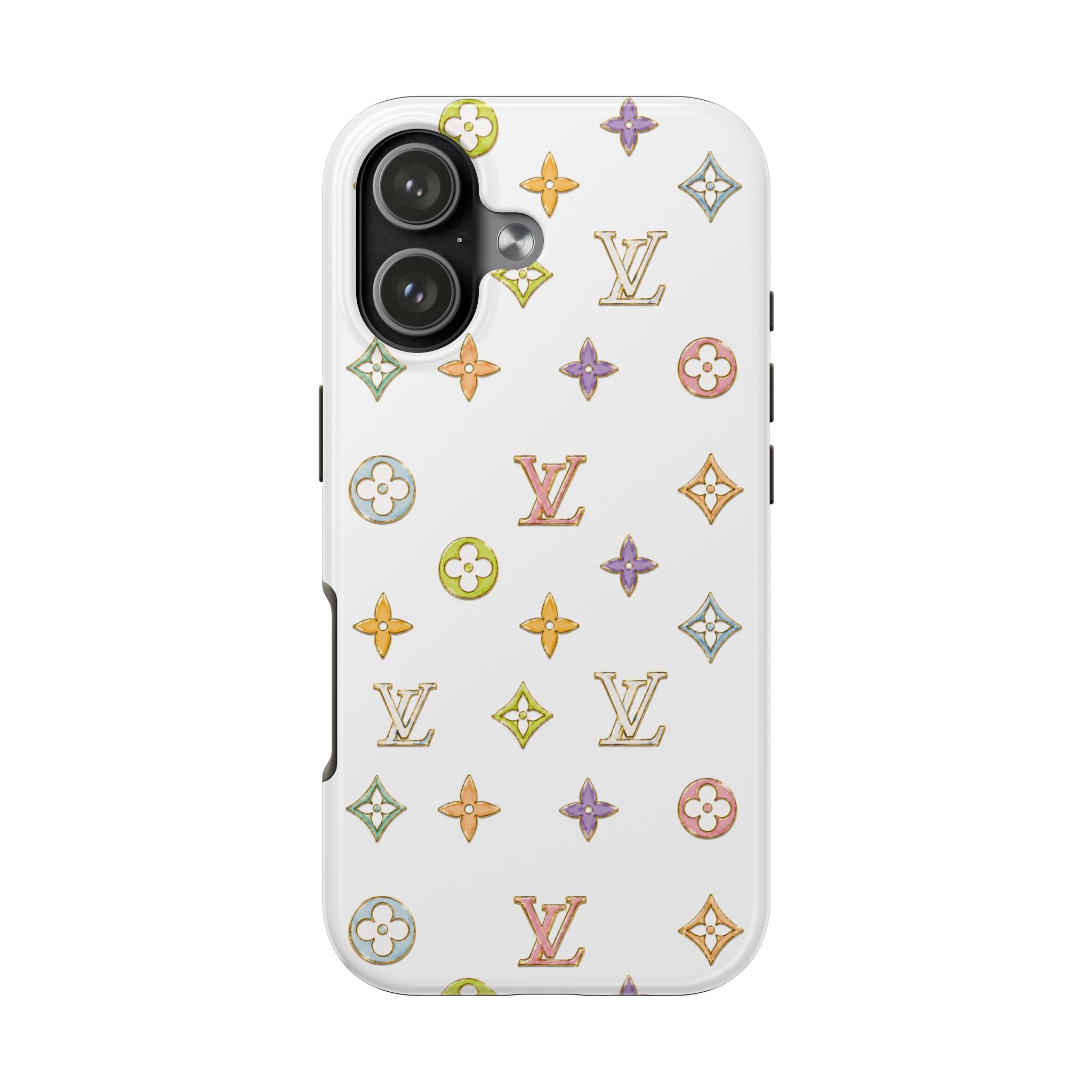 Phone case with multicolored LV-style icons on a white back, side and cameras visible