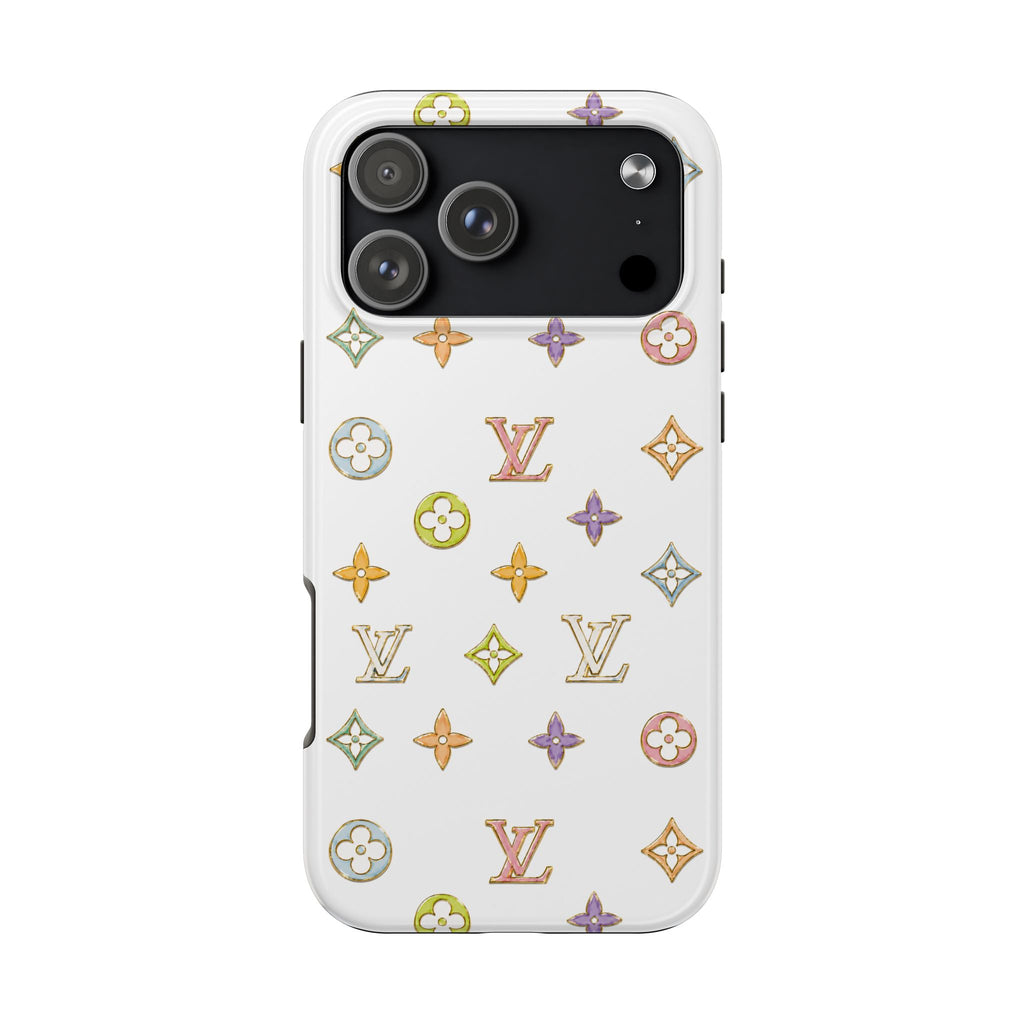Phone case with multicolored LV-style icons on a white back, camera area shown