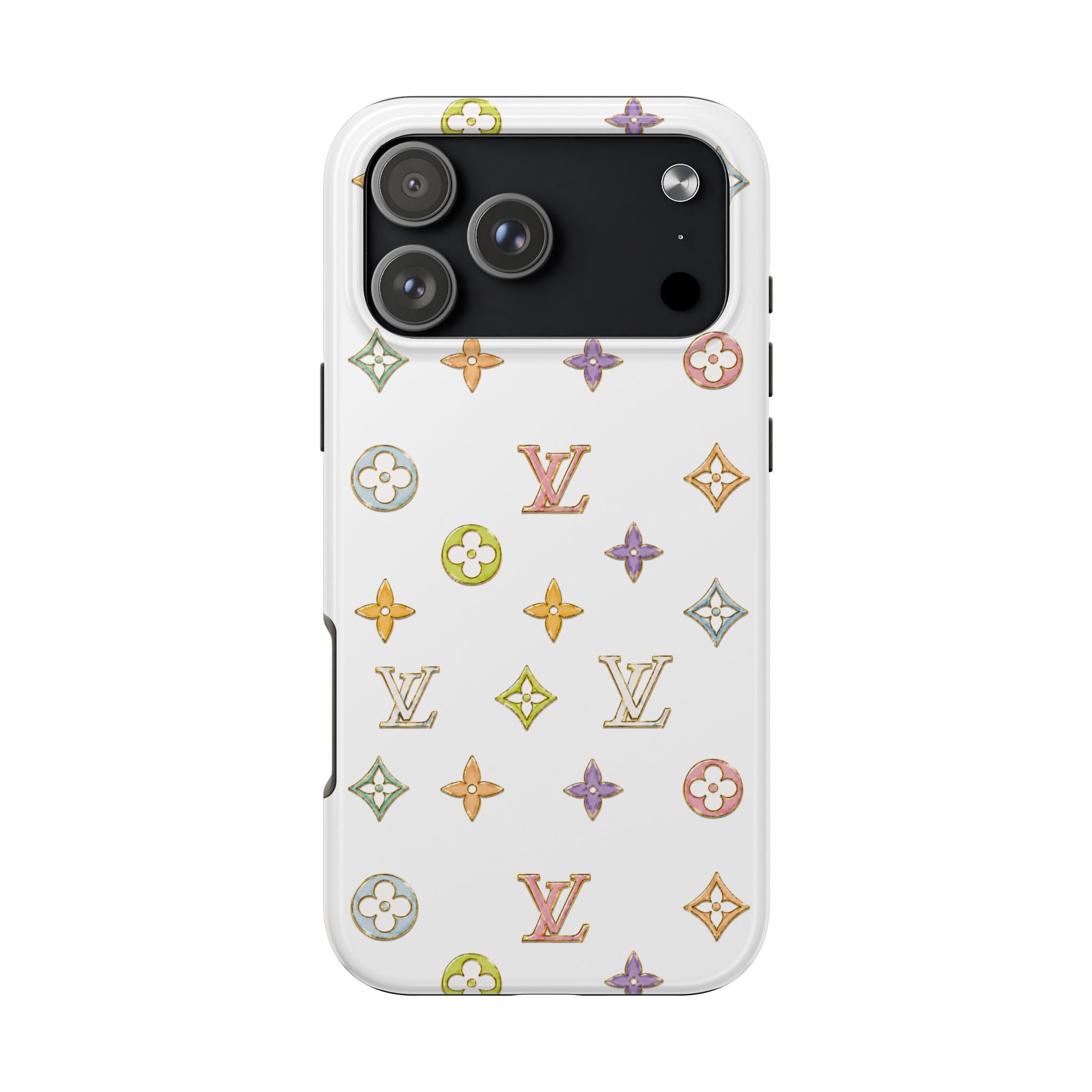 Phone case with multicolored LV-style icons on a white back, camera area shown