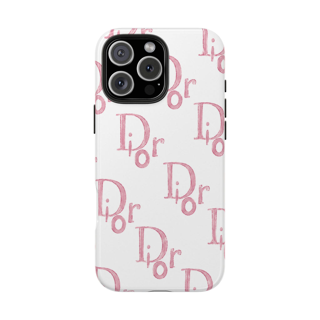 White phone case with pink illustrated Dior lettering pattern and camera cutouts