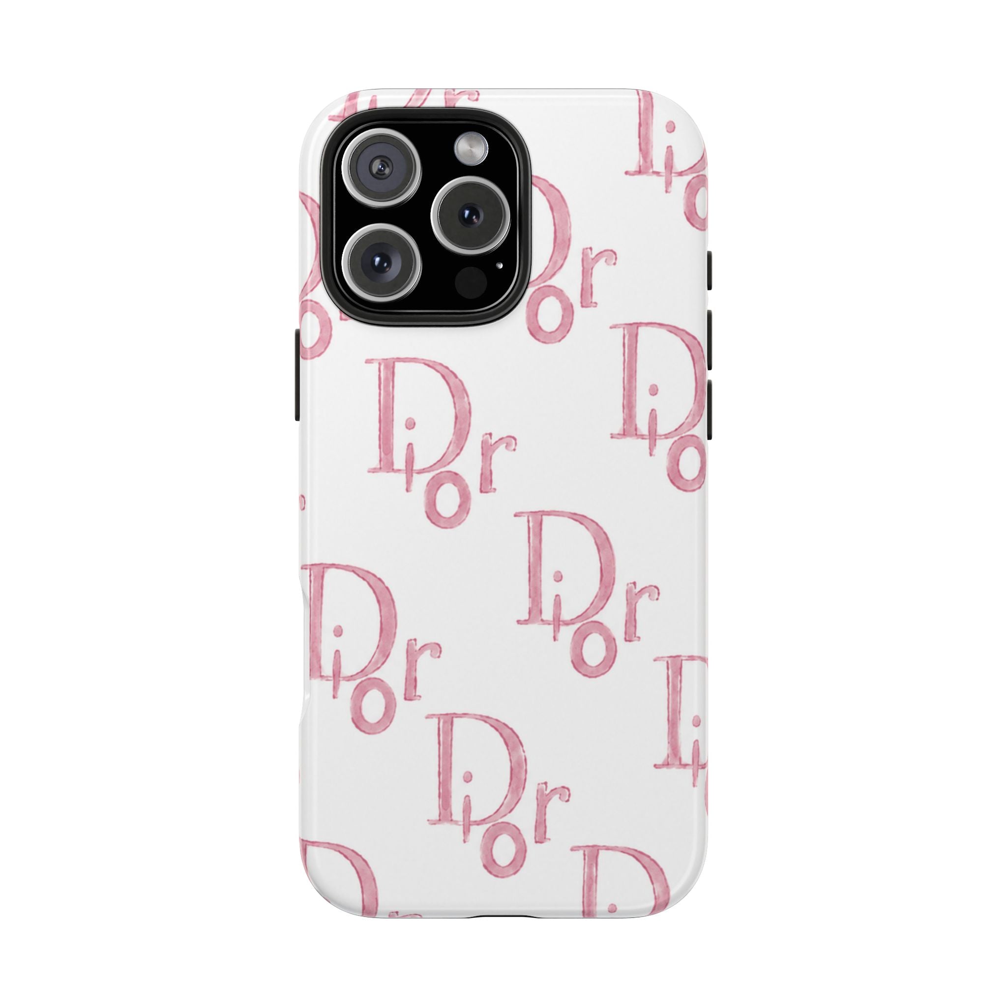 White phone case with pink illustrated Dior lettering pattern and camera cutouts
