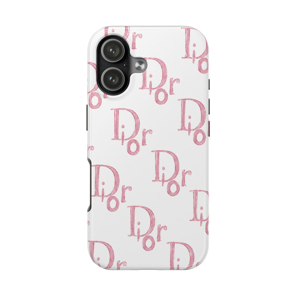 White phone case with pink illustrated Dior lettering pattern