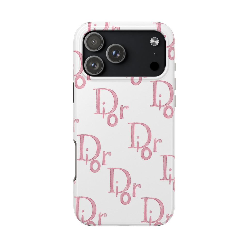 White phone case with pink illustrated Dior lettering pattern and black camera area