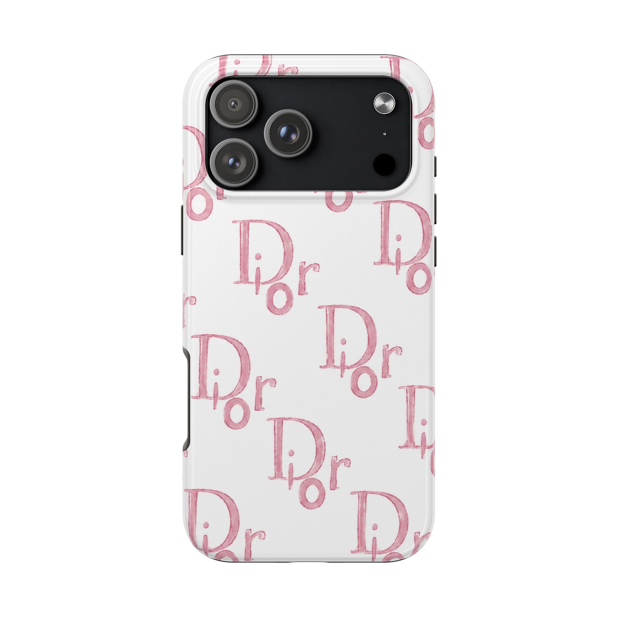 White phone case with pink illustrated Dior lettering pattern and black camera area