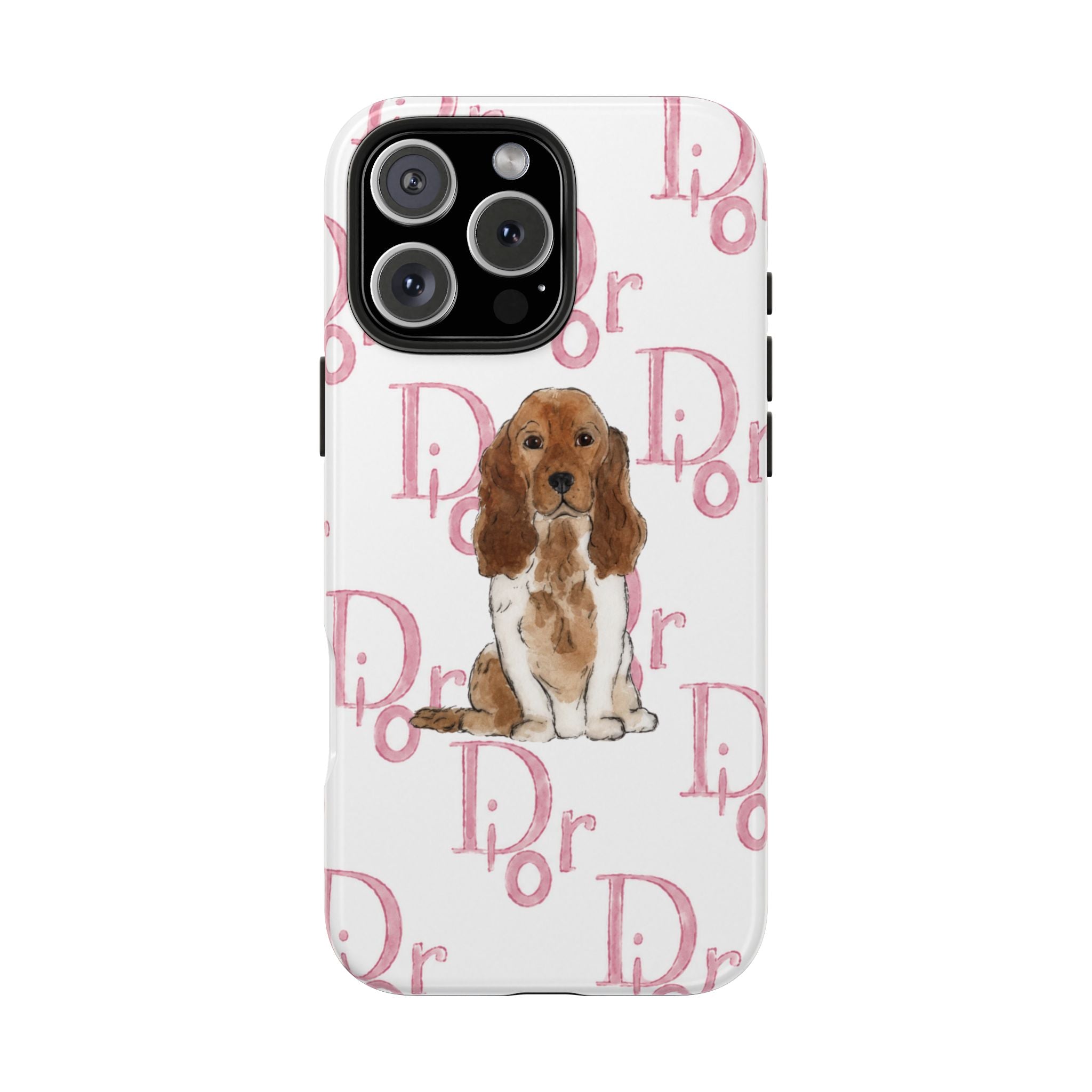White phone case with pink spaniel puppy and repeating pink script pattern across back