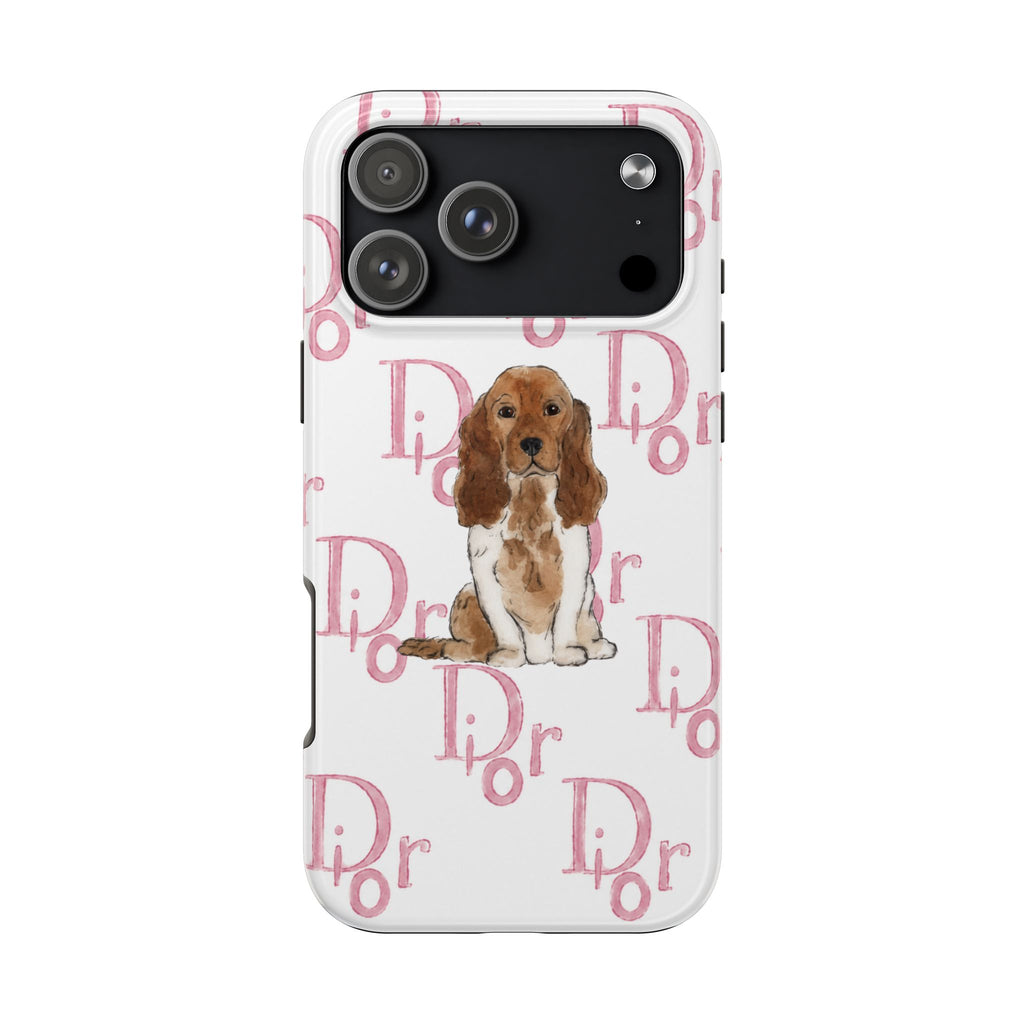 White phone case with pink spaniel puppy centered and repeating pink script pattern