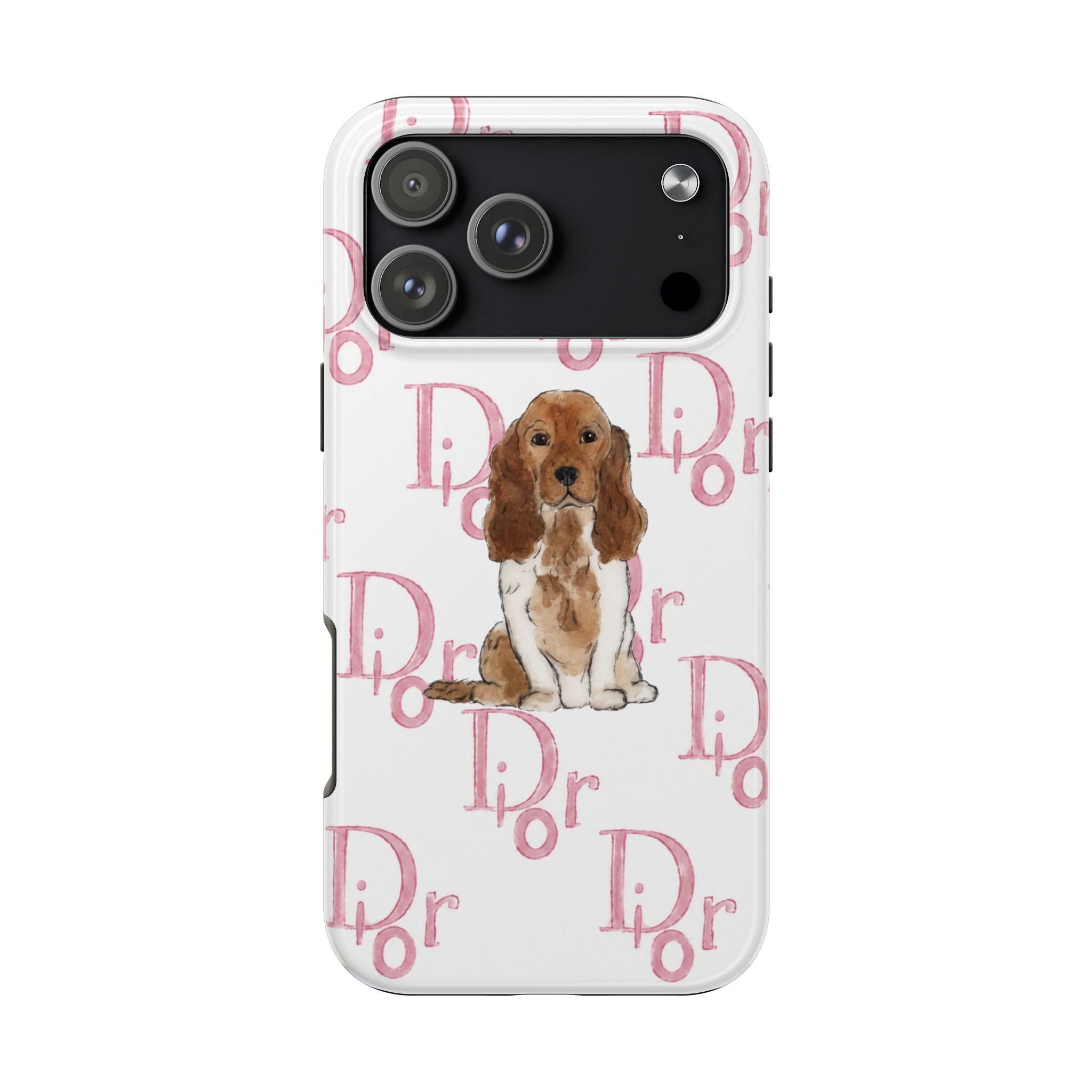 White phone case with pink spaniel puppy centered and repeating pink script pattern