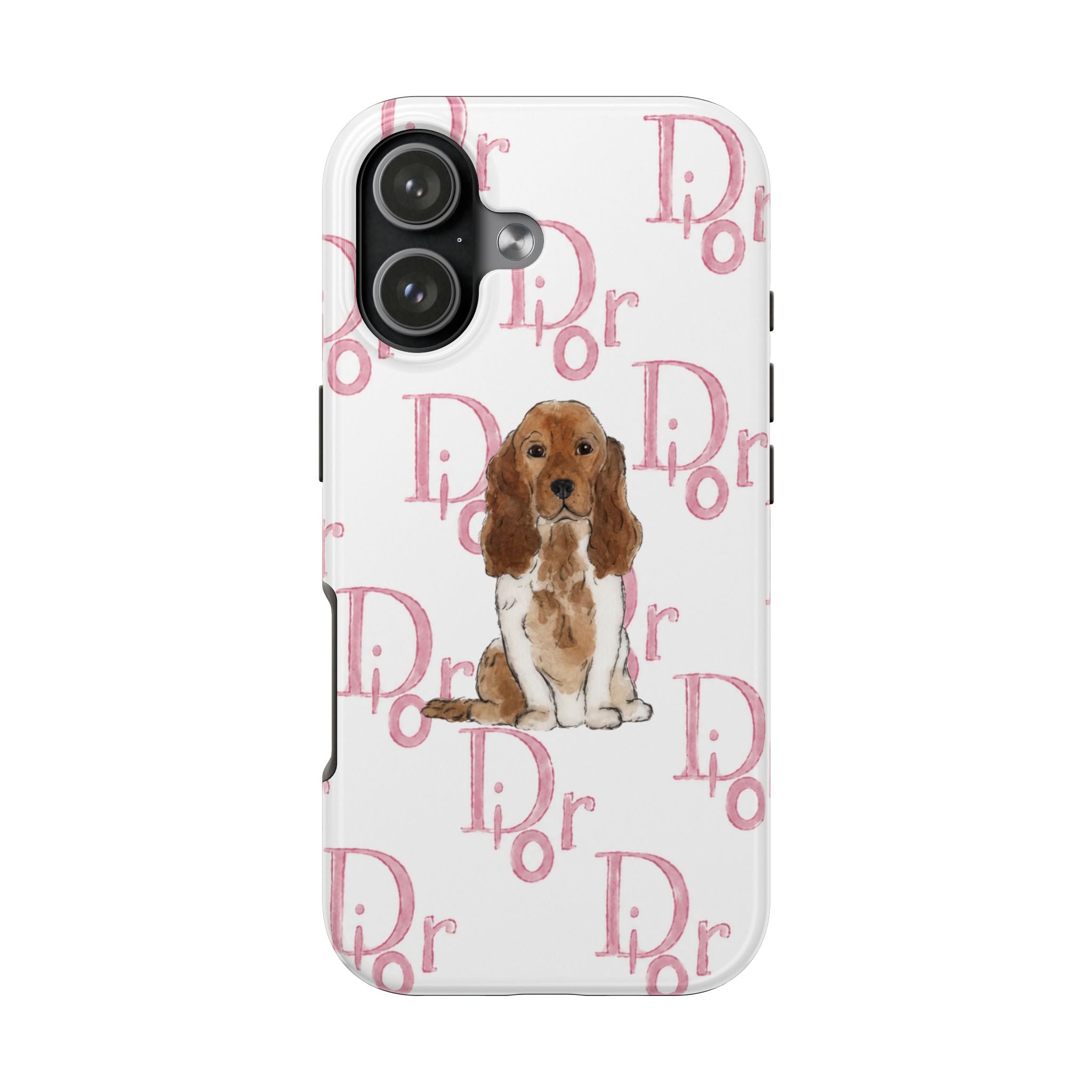 White phone case with pink spaniel puppy illustration and repeating pink script pattern