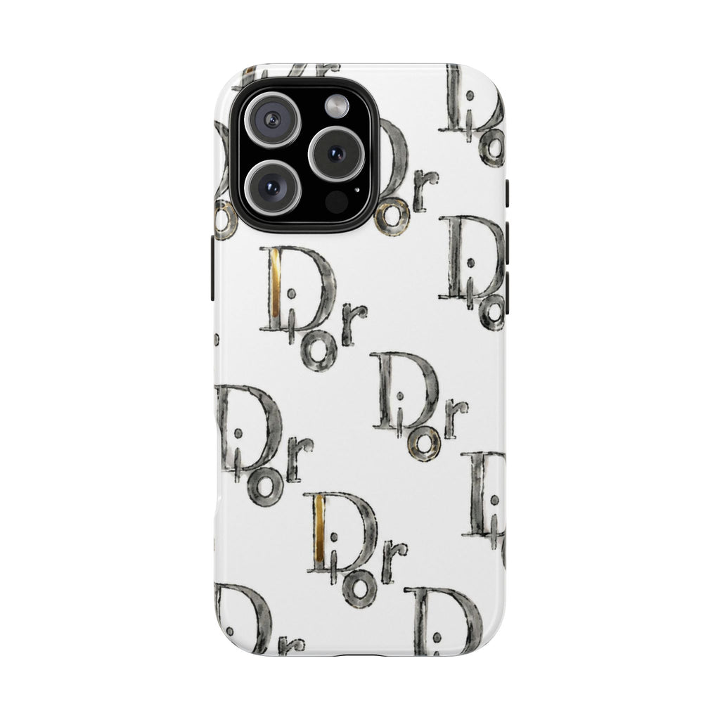 White phone case with illustrated 'Dr' motif pattern and camera cutouts