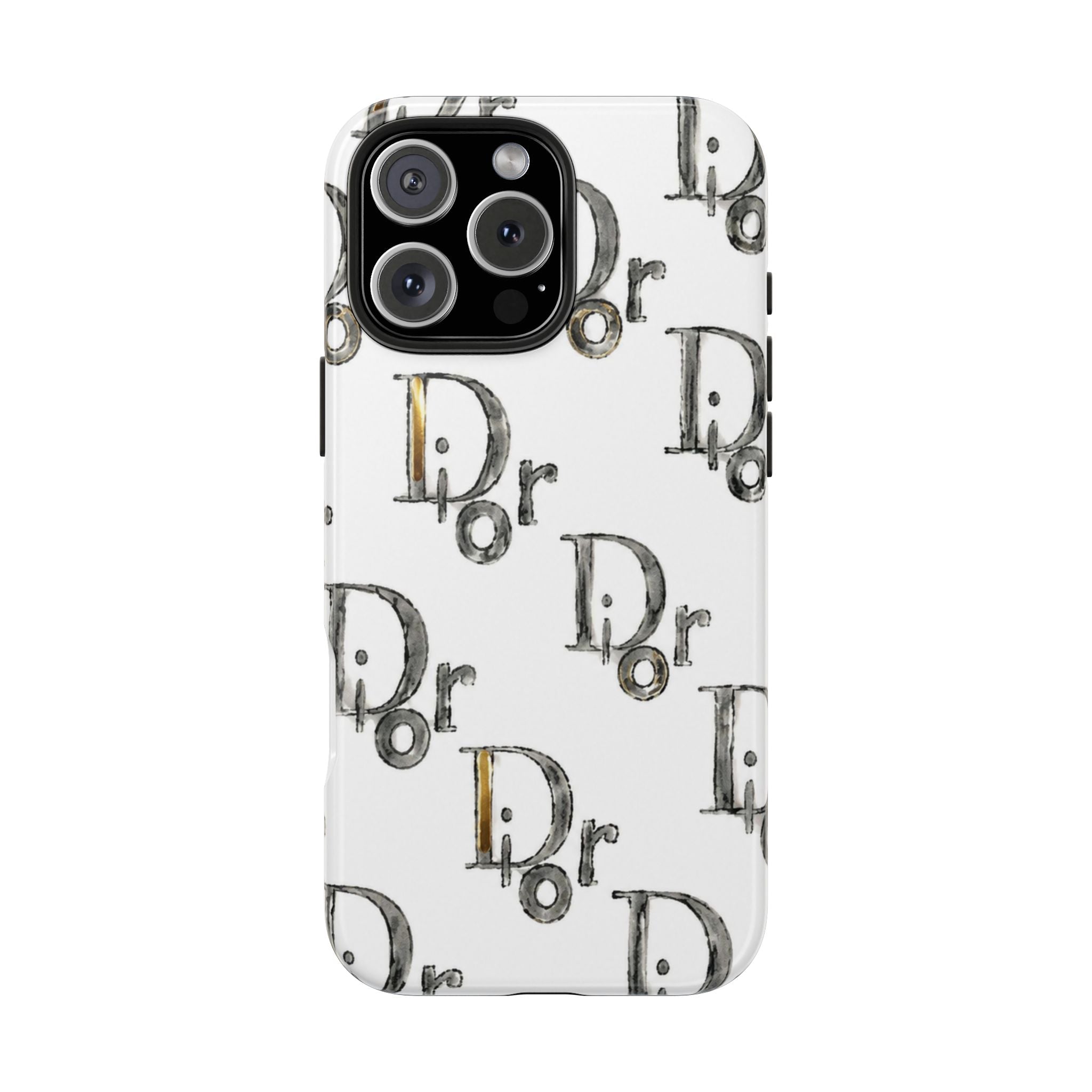 White phone case with illustrated 'Dr' motif pattern and camera cutouts