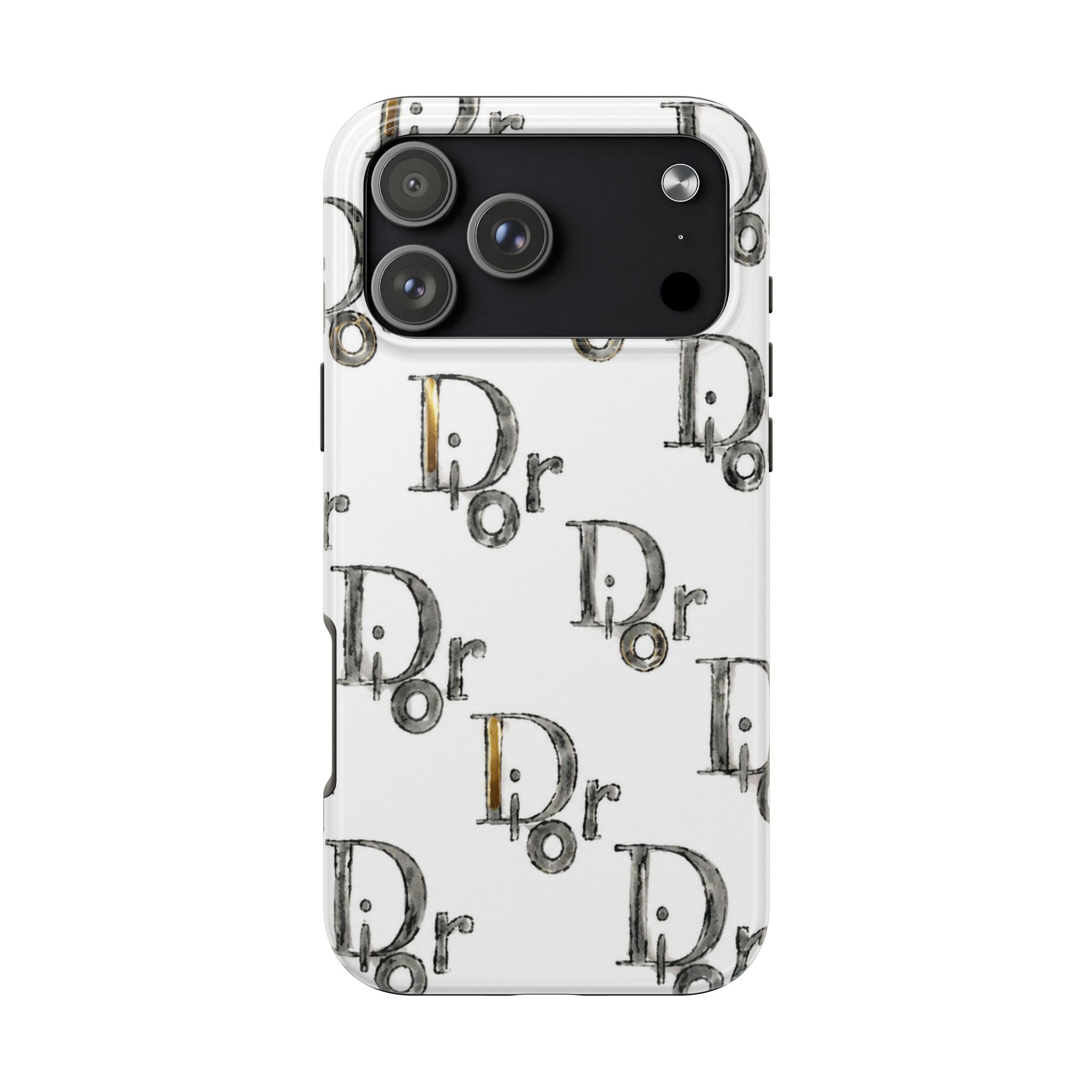 White phone case with illustrated 'Dr' motifs and raised camera area