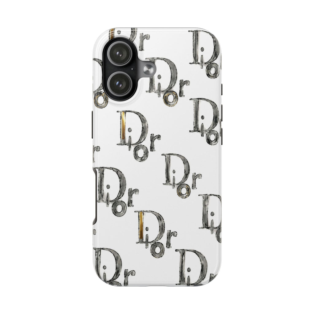 White phone case with illustrated 'Dr' motif pattern and camera module detail