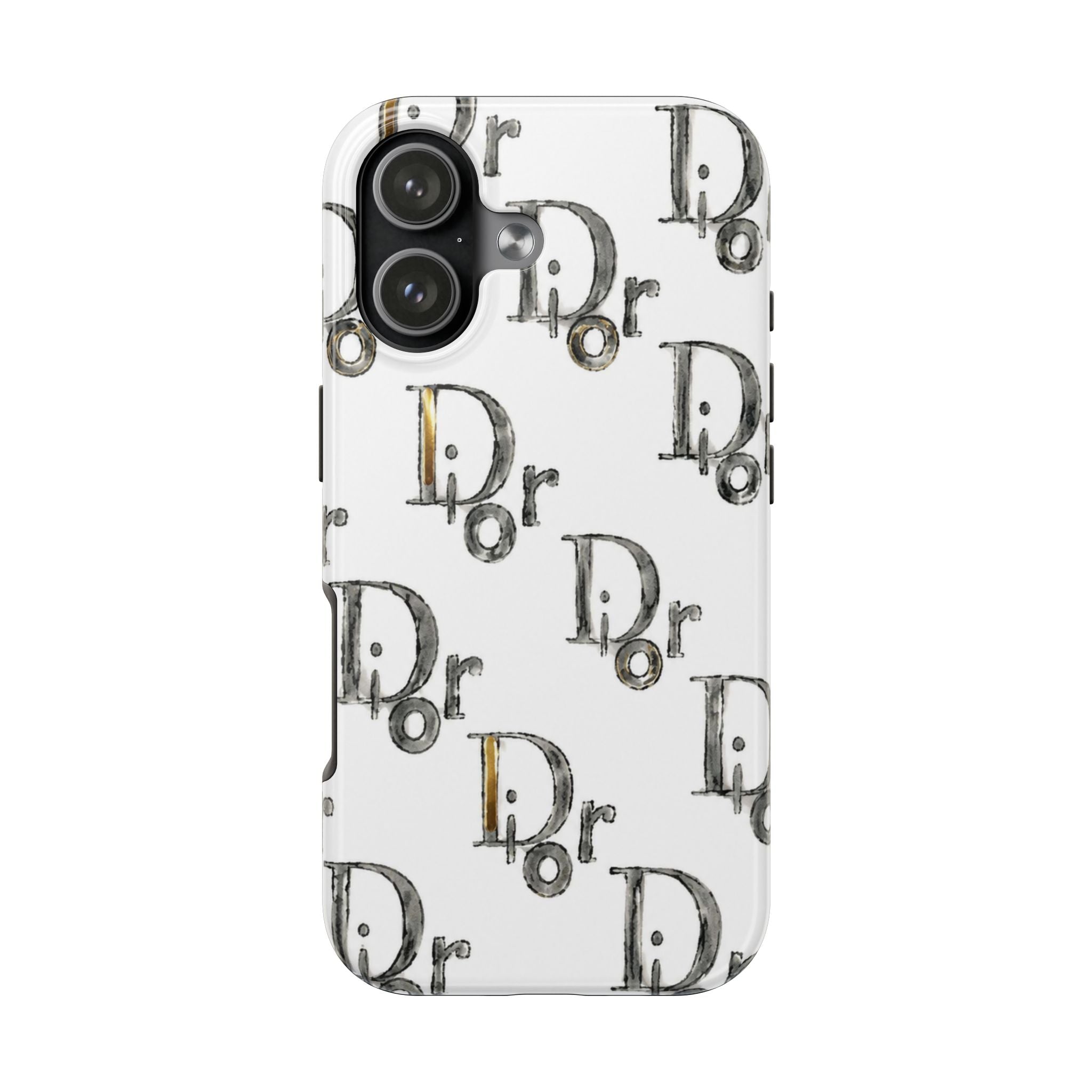 White phone case with illustrated 'Dr' motif pattern and camera module detail