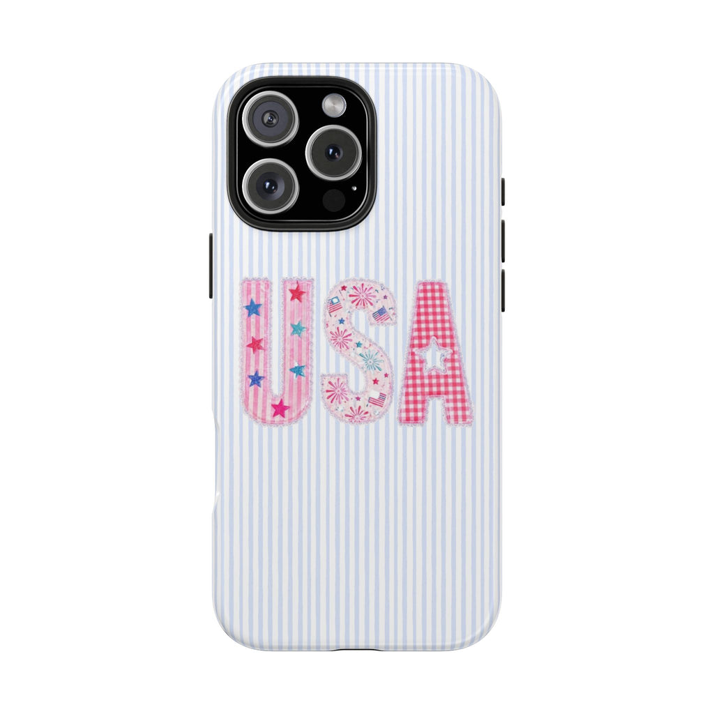 Phone case with light blue vertical stripes and USA letter graphic, with camera cutouts
