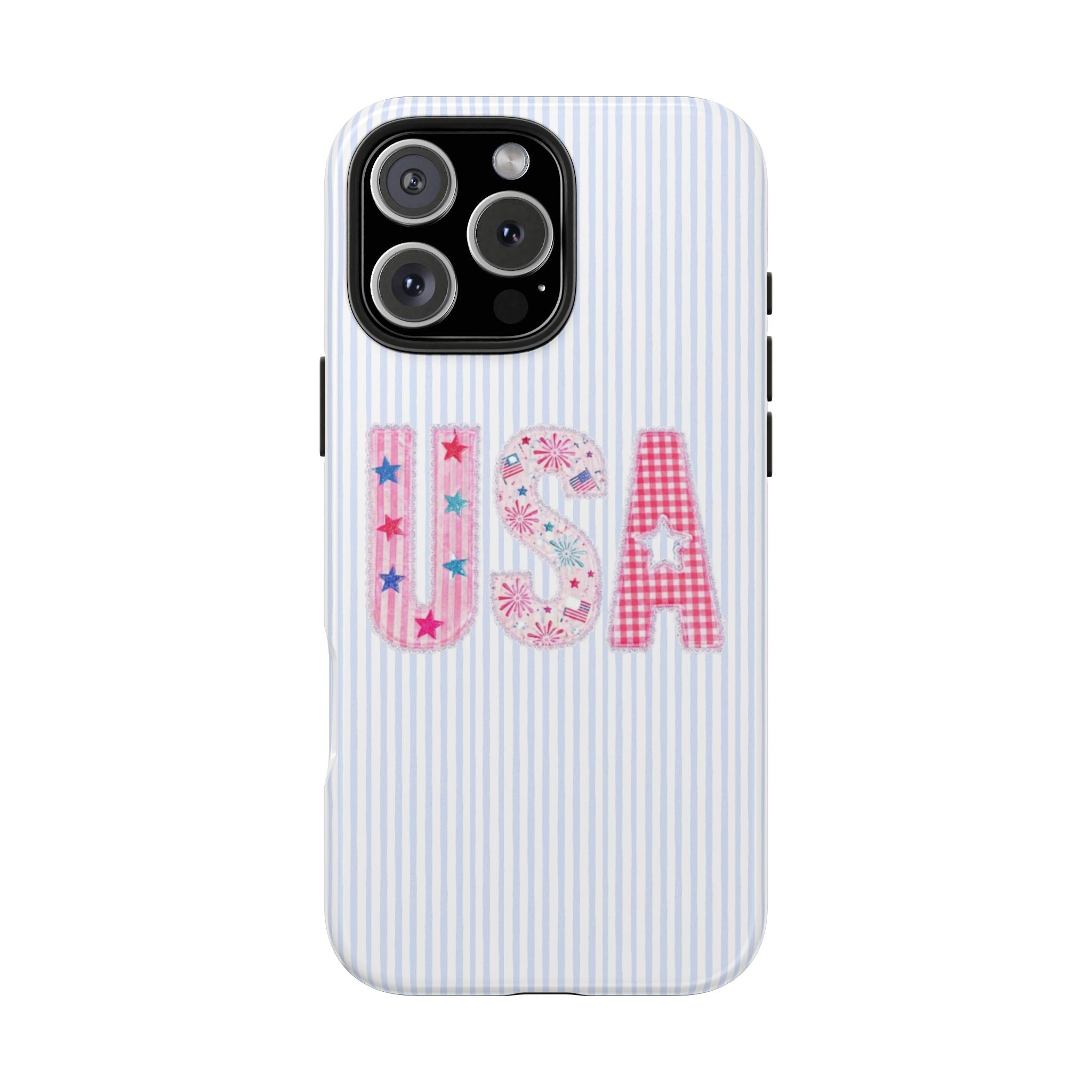 Phone case with light blue vertical stripes and USA letter graphic, with camera cutouts