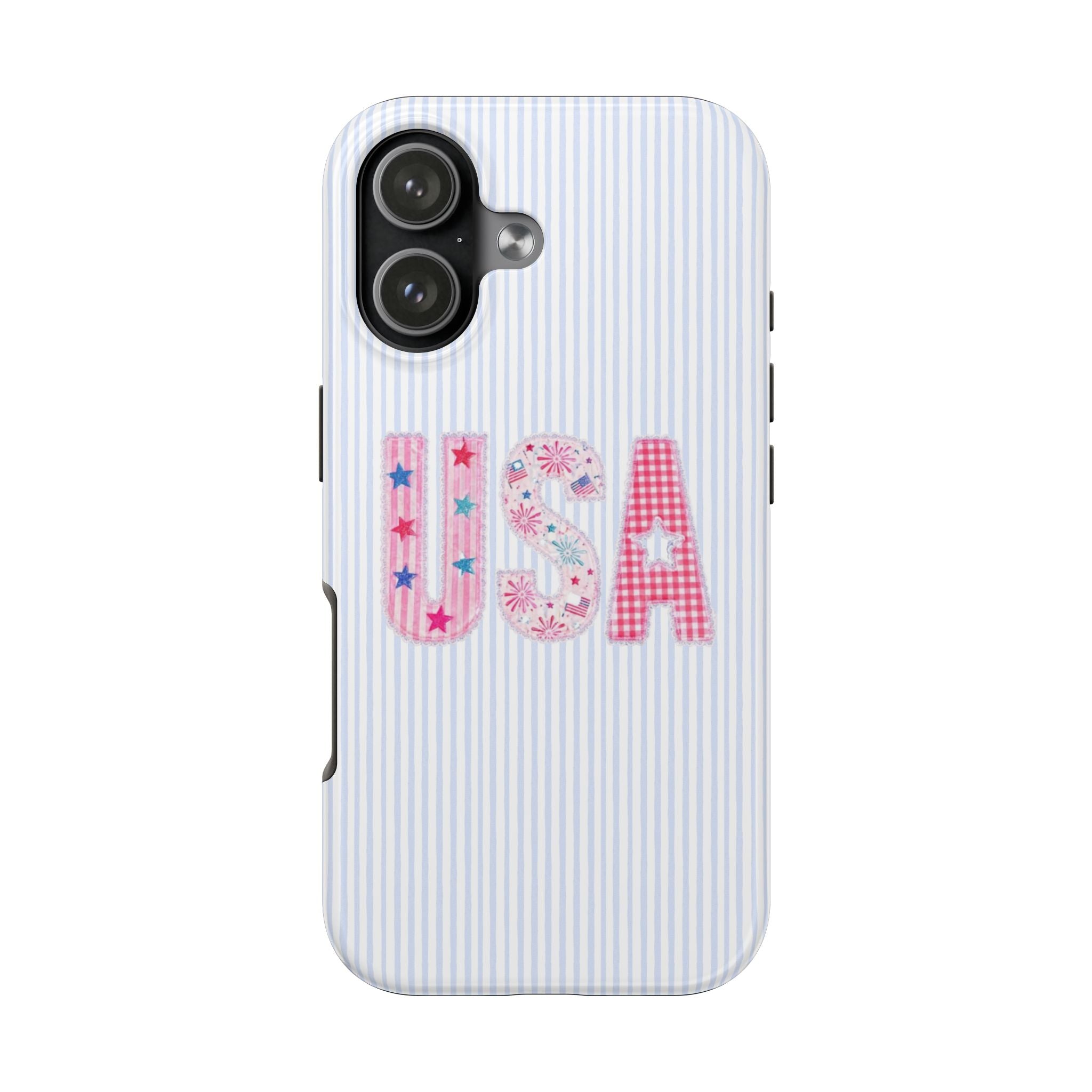 Phone case with light blue vertical stripes and USA letter graphic, side button openings