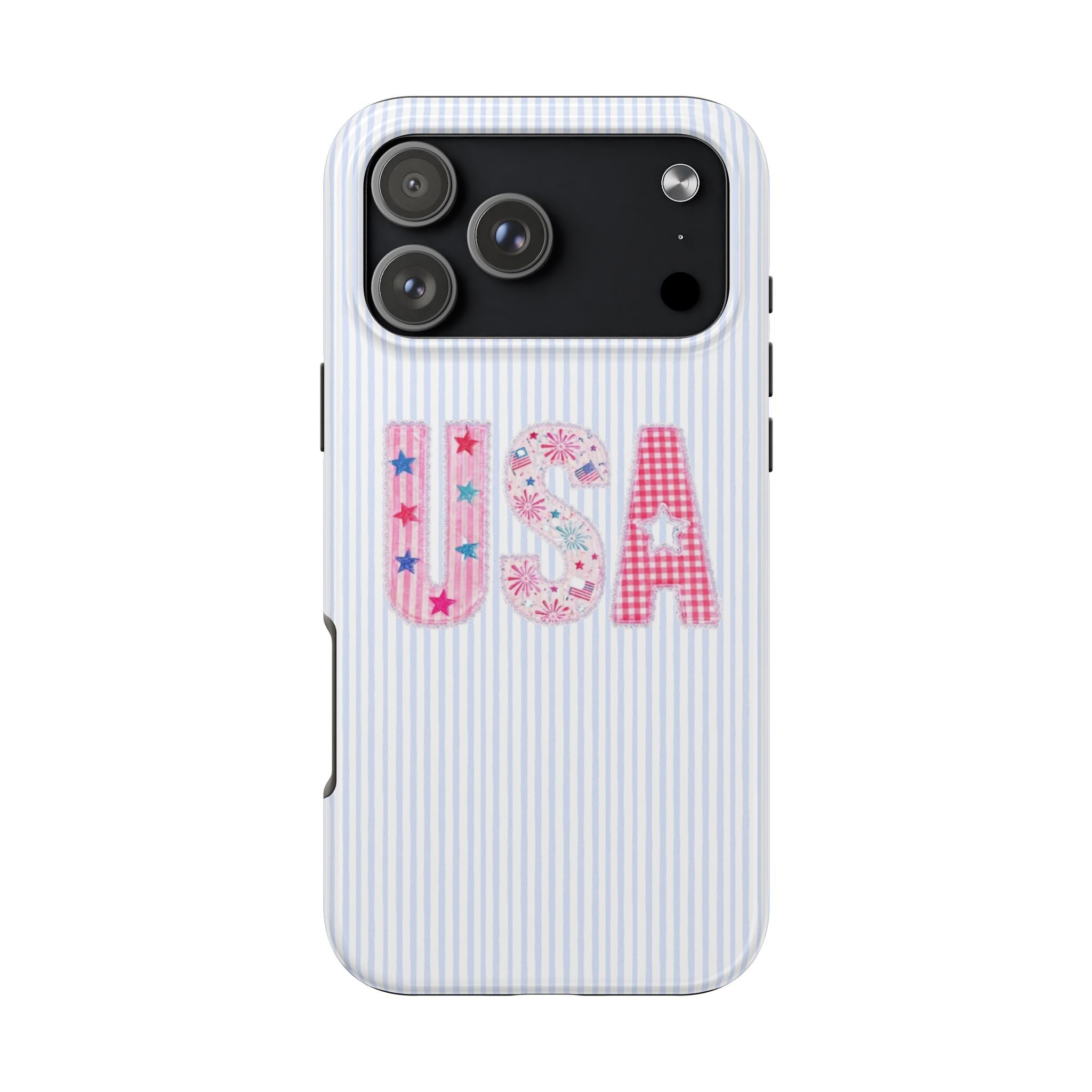 Phone case with light blue vertical stripes and USA letter graphic, camera module cutouts