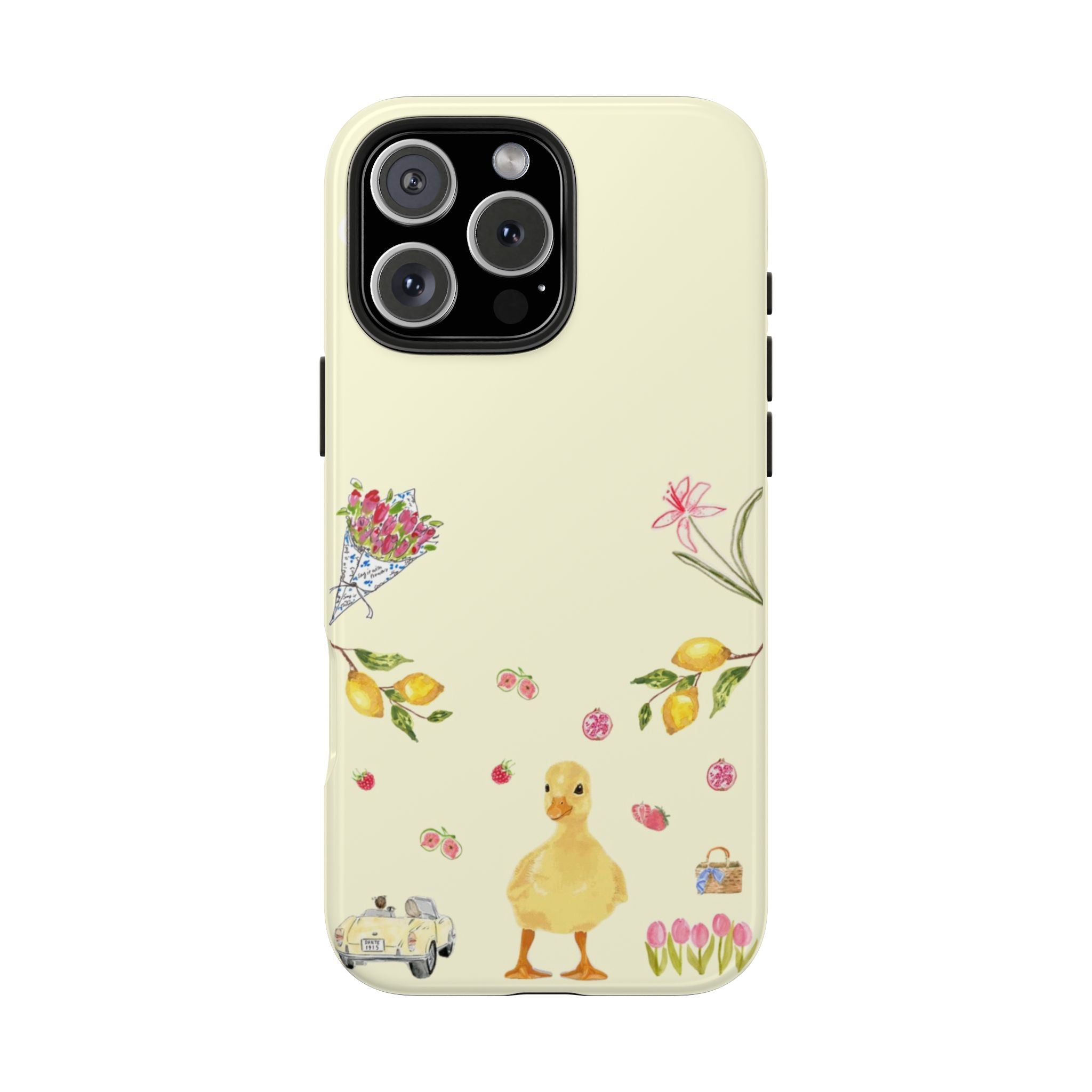 Light cream phone case with duck, flowers, lemons, and spring garden illustrations